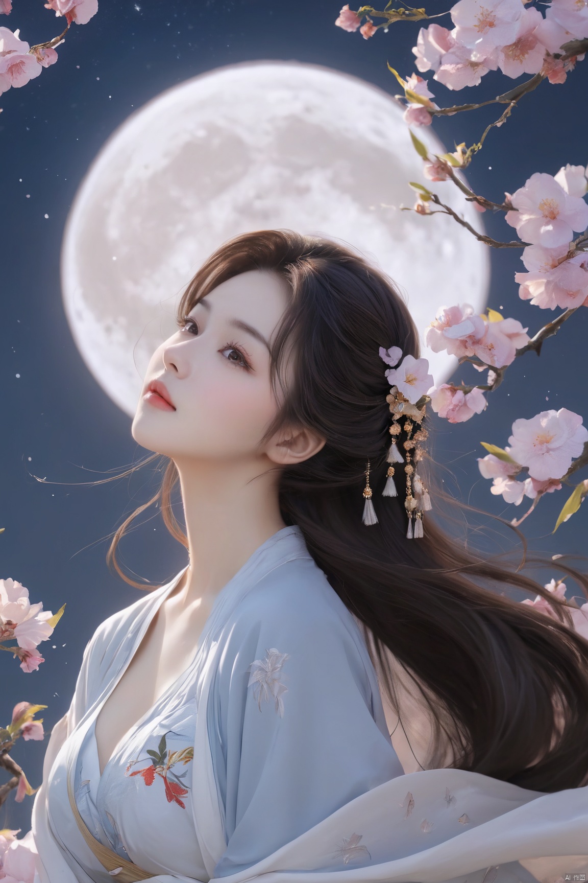 1girl,Xnangongwan,flower,big breasts,moon