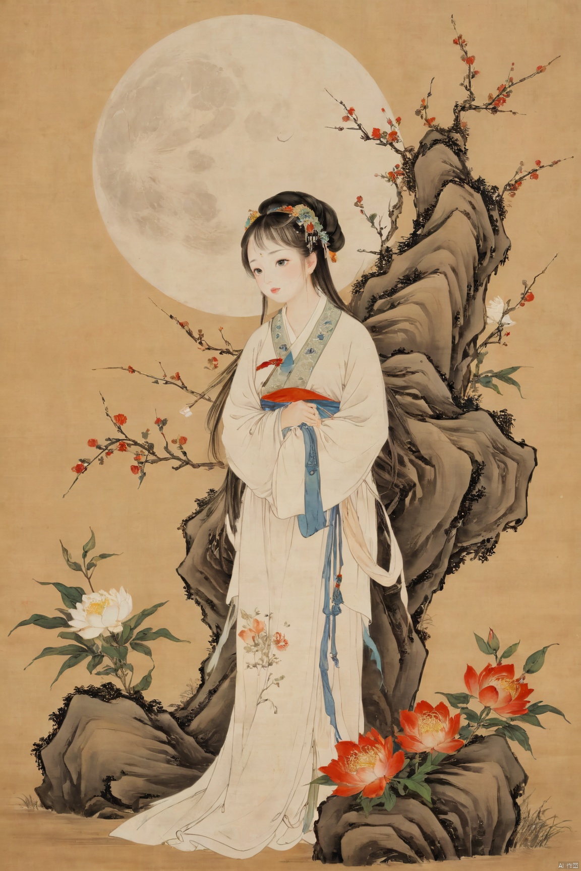 1girl,Xnangongwan,moon,flowers,big breasts, traditional chinese ink painting