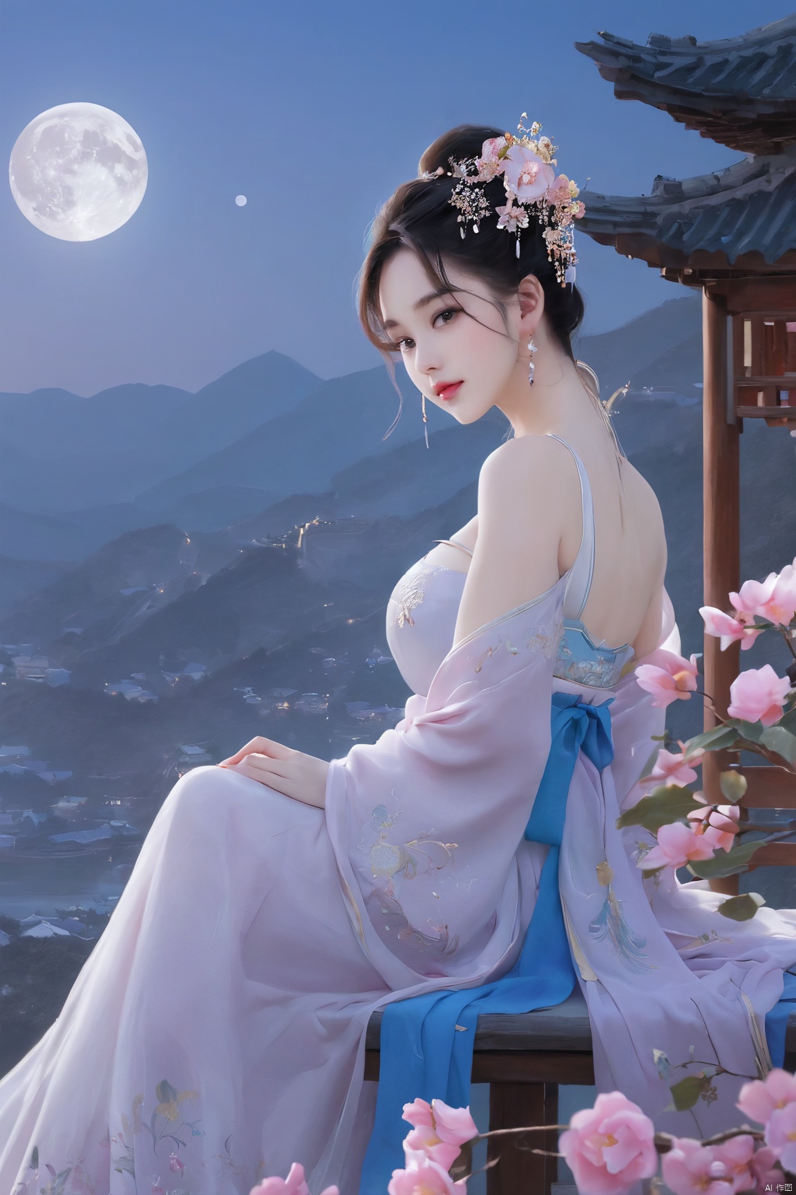 1girl,Xnangongwan,flower,big breasts,moon