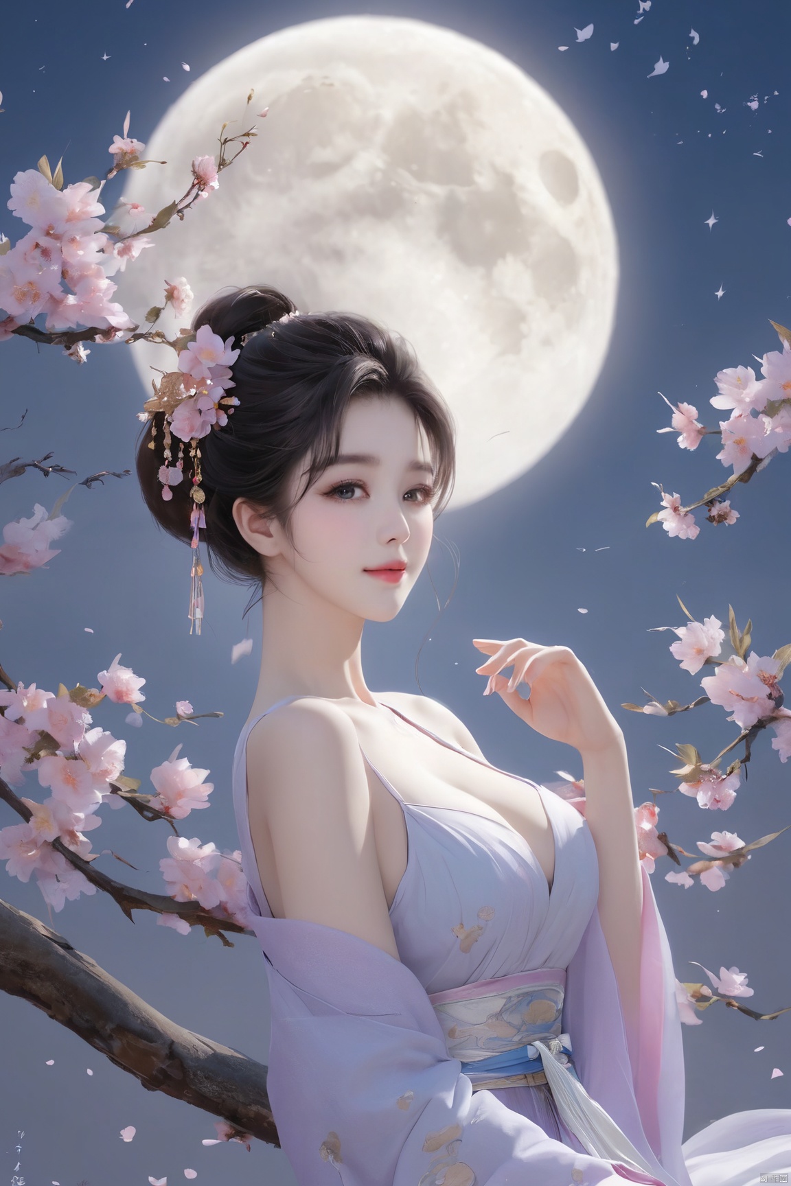 1girl,Xnangongwan,flower,big breasts,moon