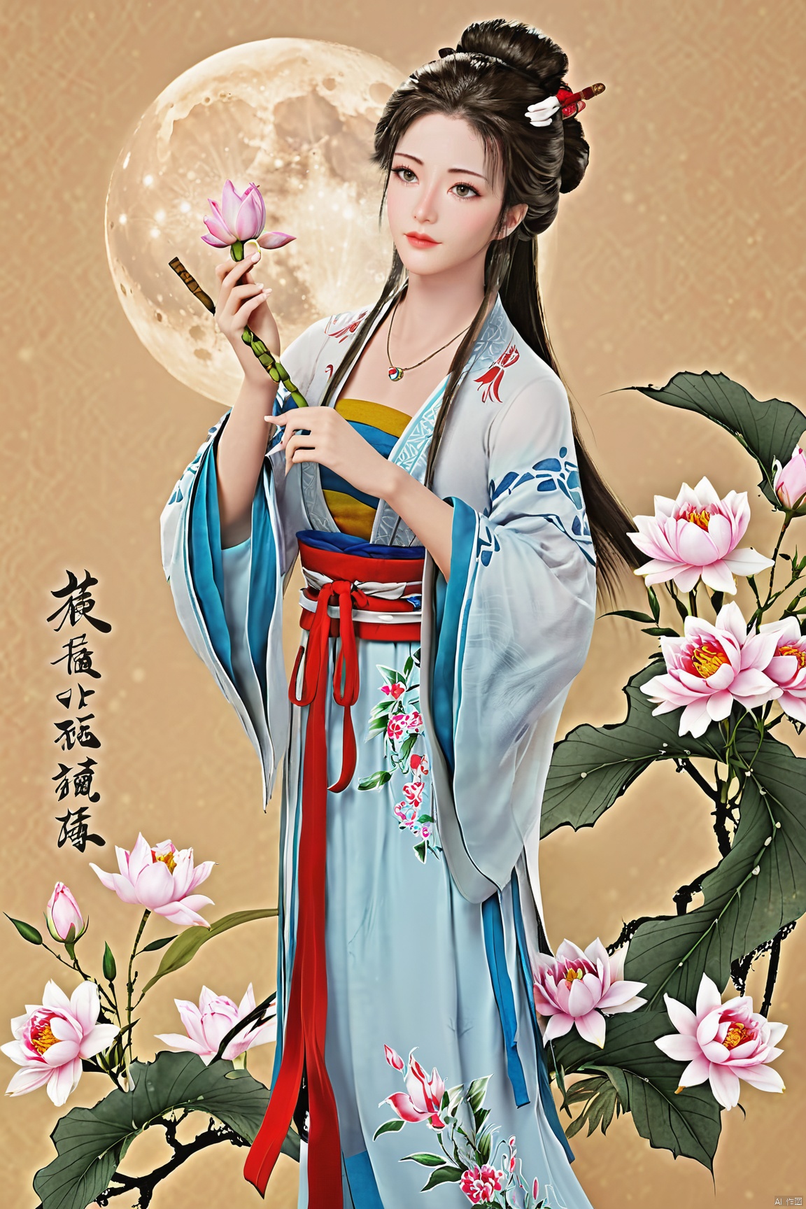 1girl,Xnangongwan,moon,flowers,big breasts, traditional chinese ink painting,chinese woman