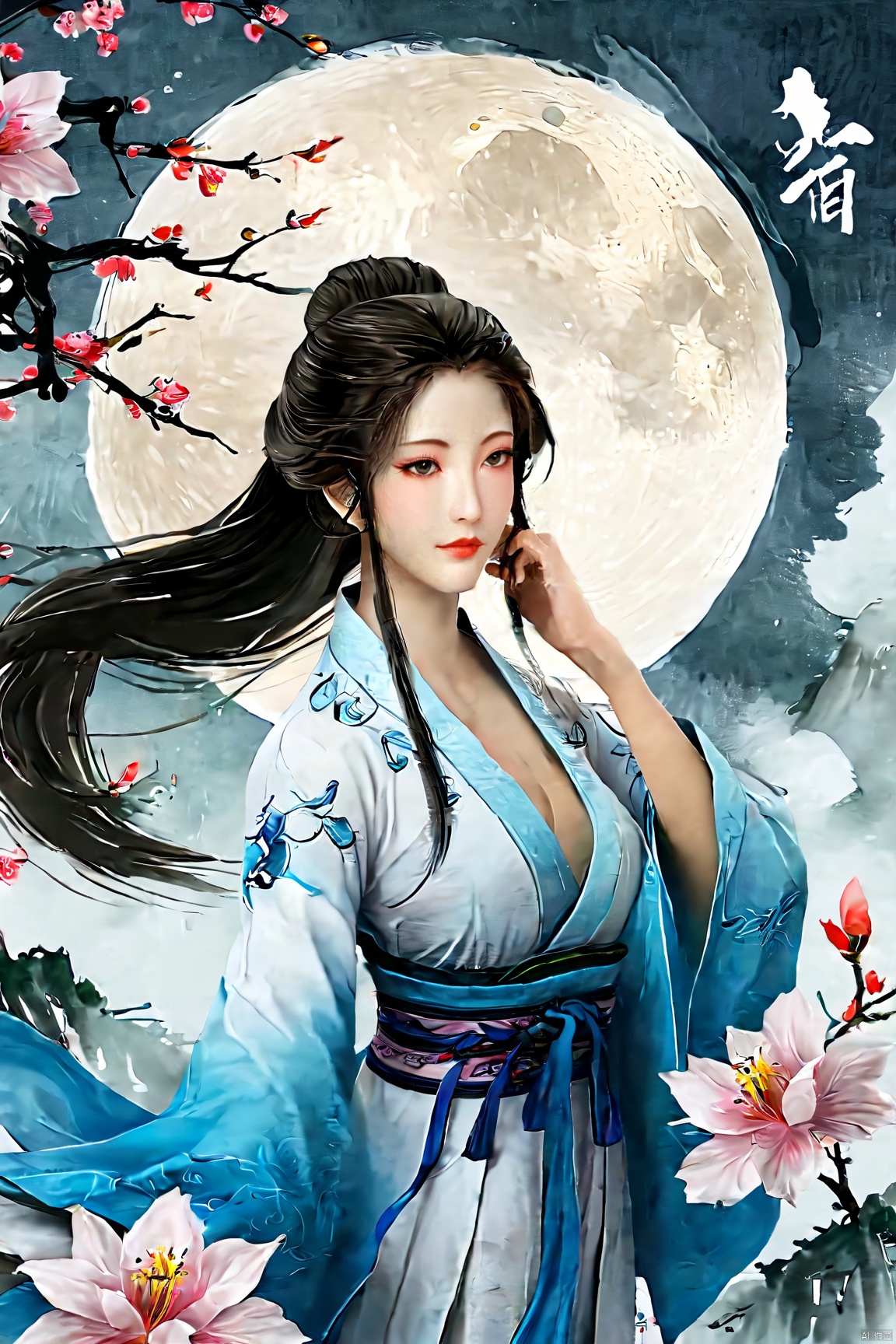 1girl,Xnangongwan,moon,flowers,big breasts, traditional chinese ink painting,chinese woman