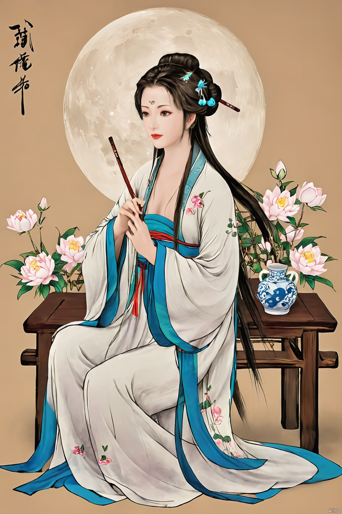 1girl,Xnangongwan,moon,flowers,big breasts, traditional chinese ink painting,chinese woman