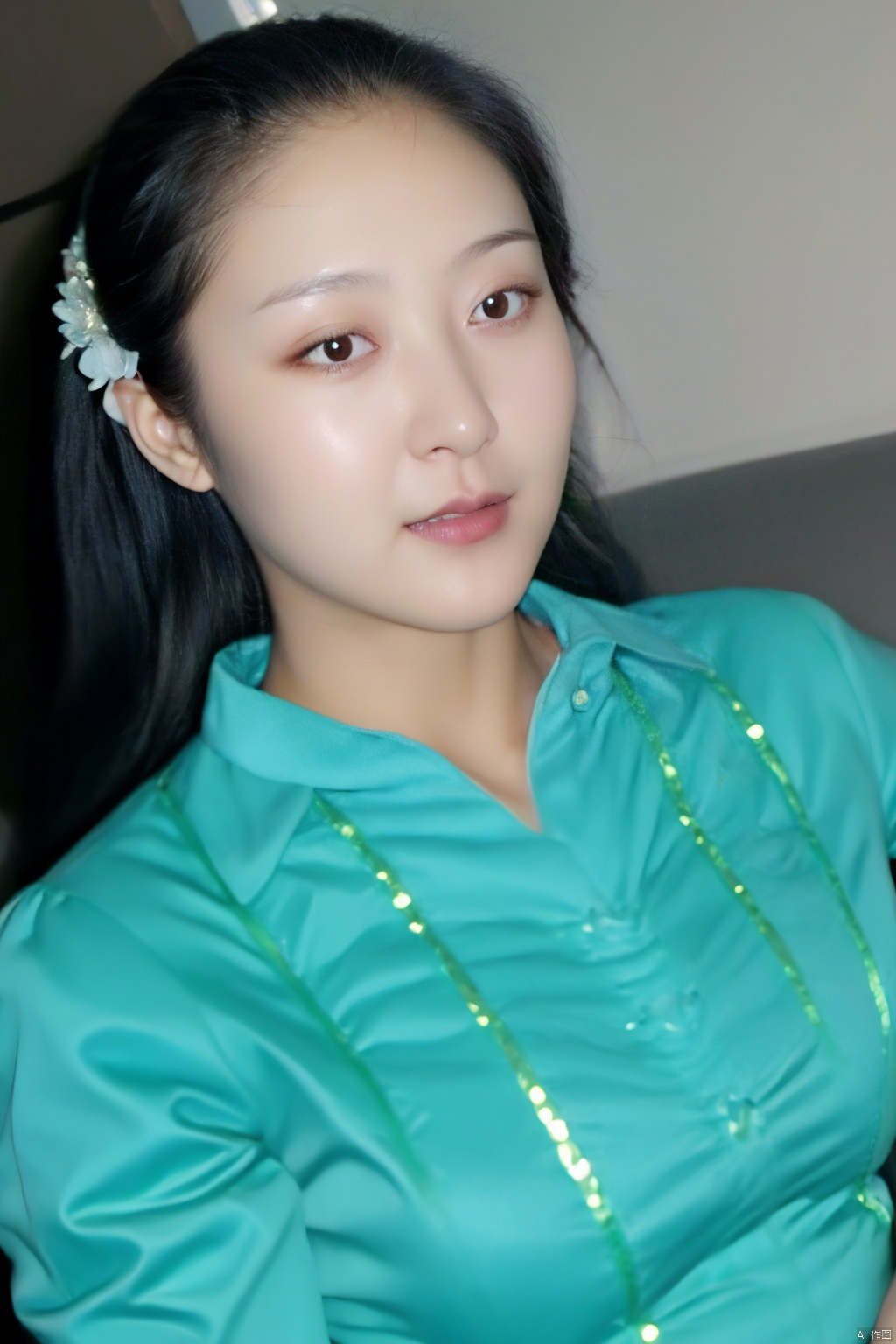 1girl, solo, looking at viewer, black hair, hair ornament, long sleeves, brown eyes, jewelry, upper body, flower, earrings, hair flower, wide sleeves, lips, chinese clothes, realistic, red lips, korean clothes,Cyberpunk