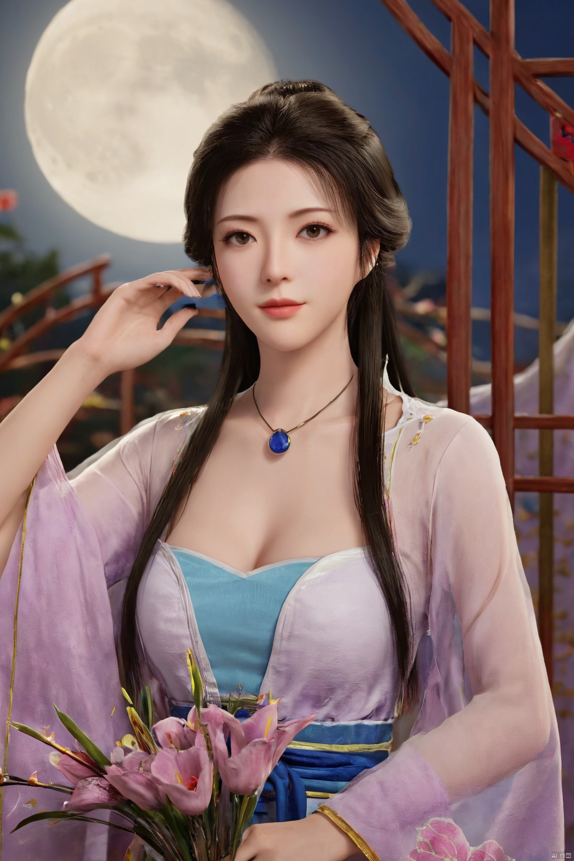 1girl,Xnangongwan,flower,big breasts,moon