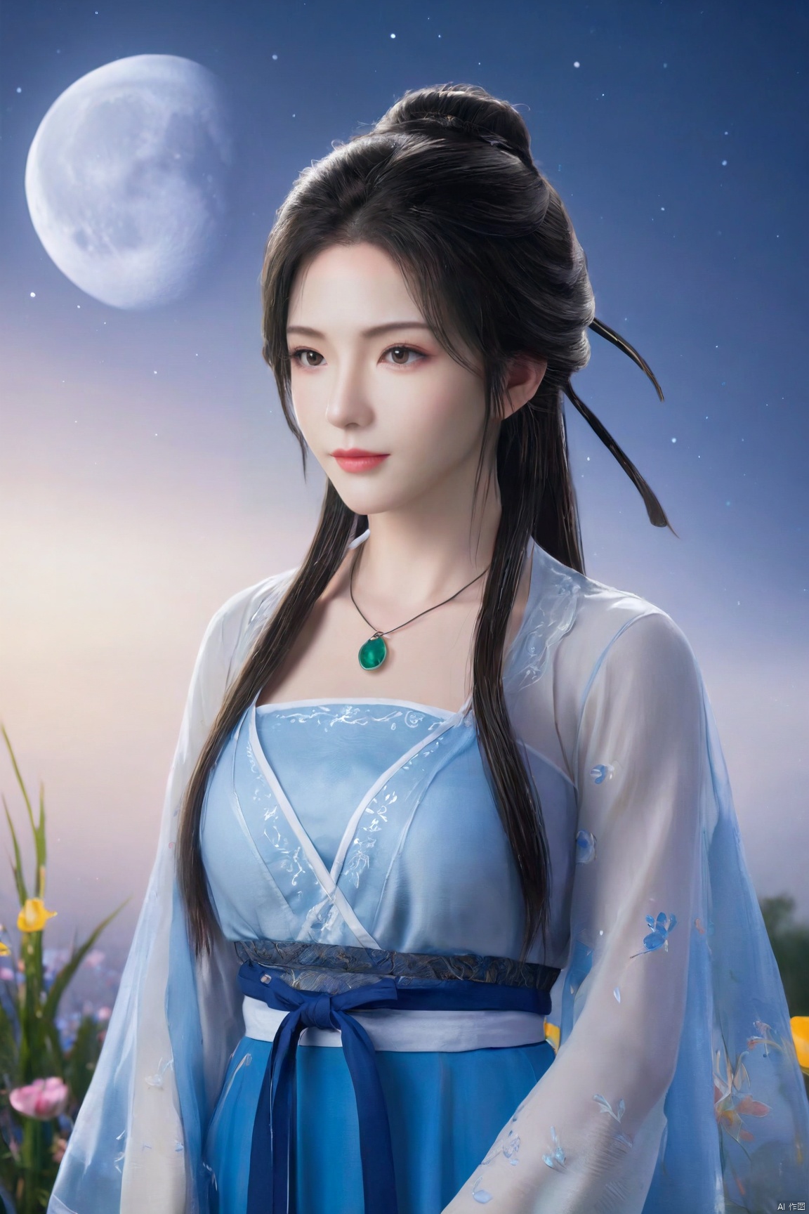1girl,Xnangongwan,flower,big breasts,moon