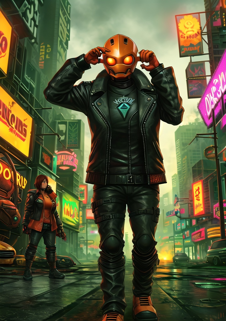 digital art piece of a humanoid robot stands tall, its orange head and large black eyes surveying the desolate surroundings. Wearing a black leather jacket, it raises its right hand near its head, as if examining or waving at something unseen. The urban street is lined with neon signs and advertisements, casting a futuristic glow amidst the ruins of abandoned vehicles and dilapidated buildings. Fog swirls around the robot, shrouding it in mystery as it stands sentinel in this dystopian landscape.
,dystopian cyberpunk,photorealistic