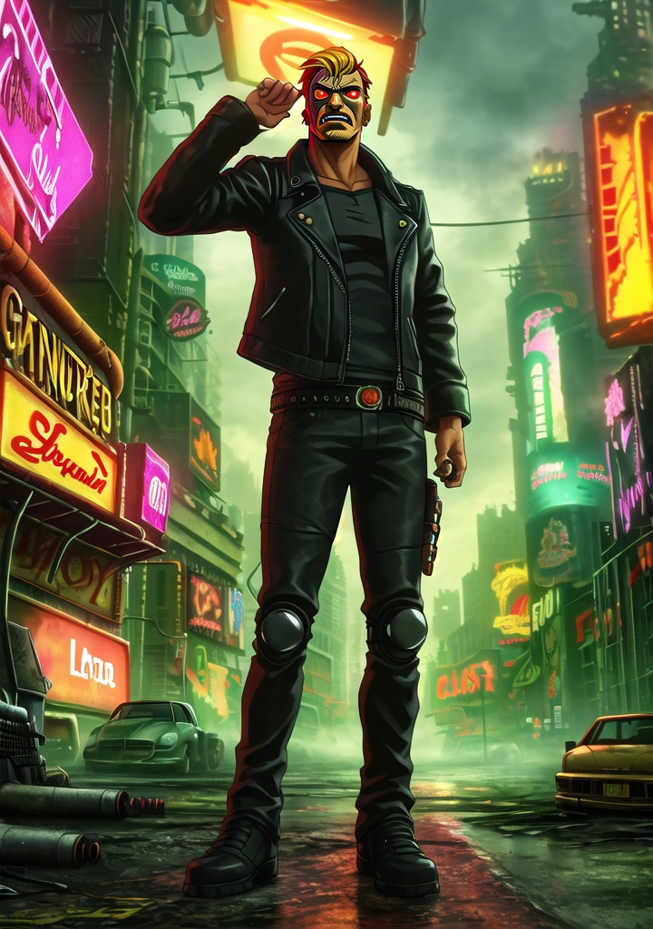 digital art piece of a hansome man half robot stands tall, its orange head and large black eyes surveying the desolate surroundings. Wearing a black leather jacket, it raises its right hand near its head, as if examining or waving at something unseen. The urban street is lined with neon signs and advertisements, casting a futuristic glow amidst the ruins of abandoned vehicles and dilapidated buildings. Fog swirls around the robot, shrouding it in mystery as it stands sentinel in this dystopian landscape.
,dystopian cyberpunk,photorealistic