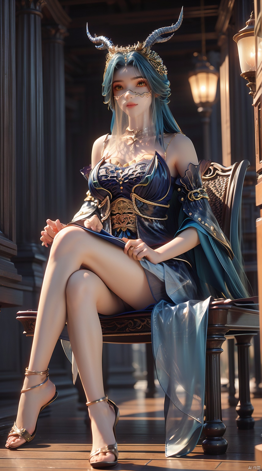 1girl, solo, long hair, looking at viewer, bare shoulders, closed mouth, blue hair, yellow eyes, upper body, horns, blurry, lips, blurry background, veil,mouth veil, ((poakl)),full-body,Perfectly proportioned,ray tracing,Bare Feet,shiny_skin,oil,Show your long legs,Red high heels,(Sitting:1.4), skirt_lift