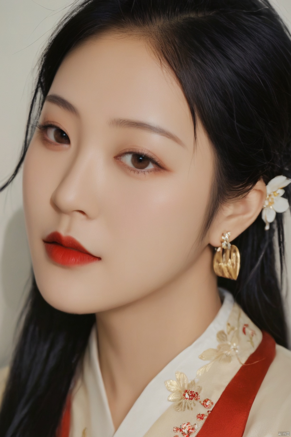 1girl, solo, looking at viewer, black hair, hair ornament, long sleeves, brown eyes, jewelry, upper body, flower, earrings, hair flower, wide sleeves, lips, chinese clothes, realistic, red lips, hanfu,Cyberpunk