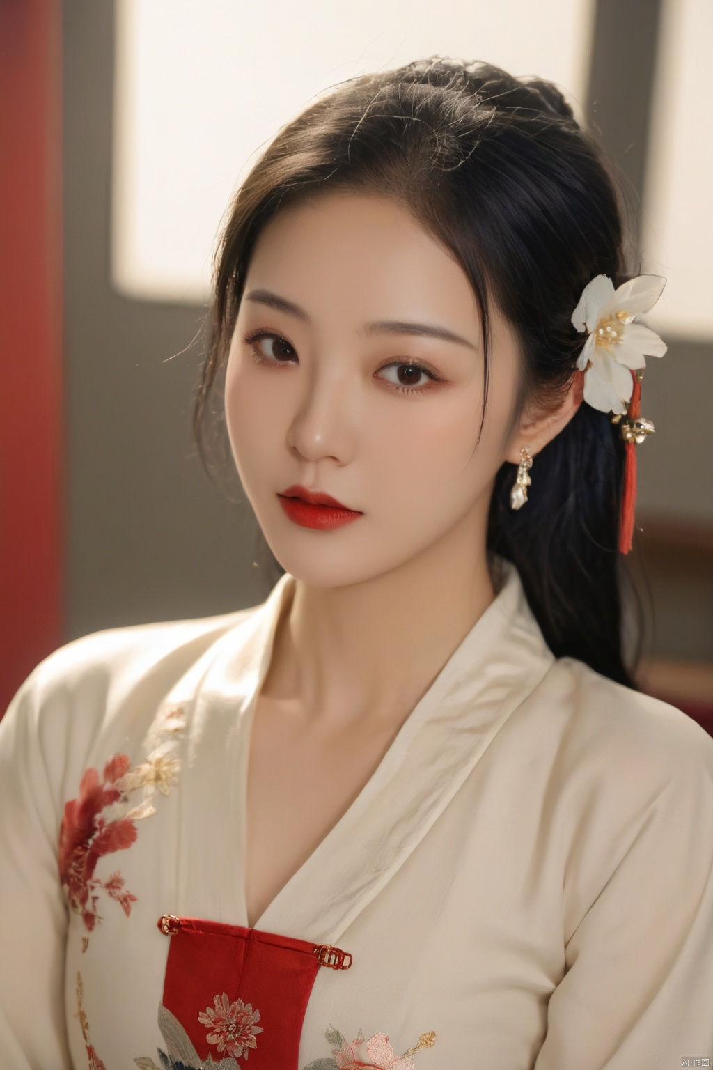 1girl, solo, looking at viewer, black hair, hair ornament, long sleeves, brown eyes, jewelry, upper body, flower, earrings, hair flower, wide sleeves, lips, chinese clothes, realistic, red lips, hanfu,Cyberpunk
