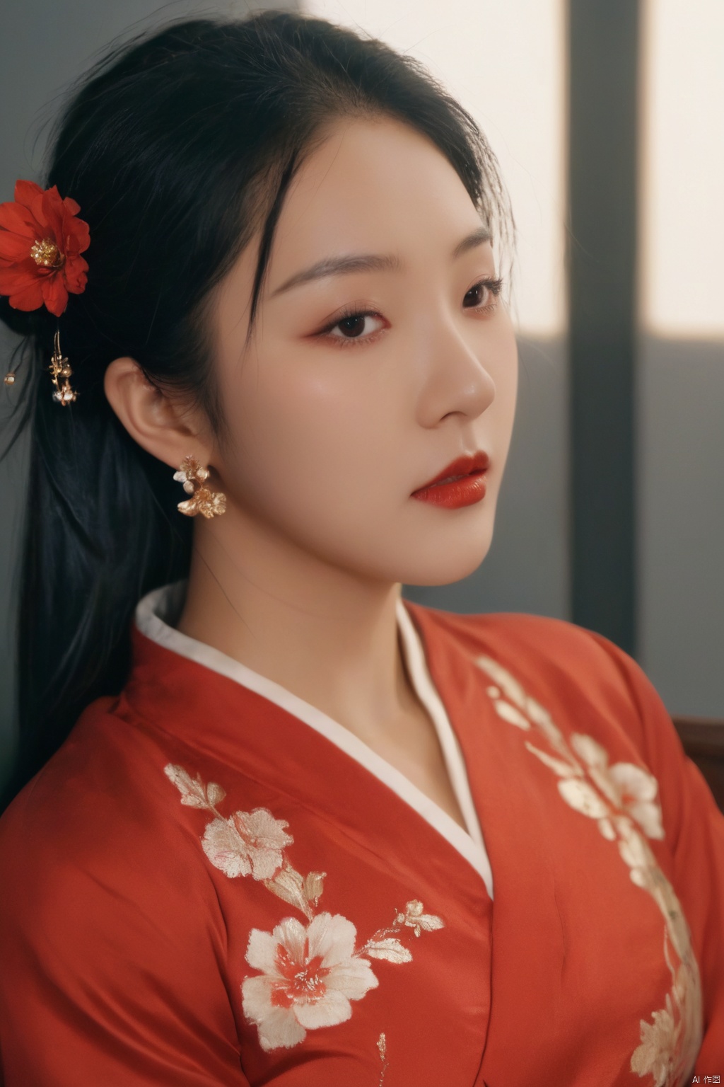 1girl, solo, looking at viewer, black hair, hair ornament, long sleeves, brown eyes, jewelry, upper body, flower, earrings, hair flower, wide sleeves, lips, chinese clothes, realistic, red lips, korean clothes,Cyberpunk