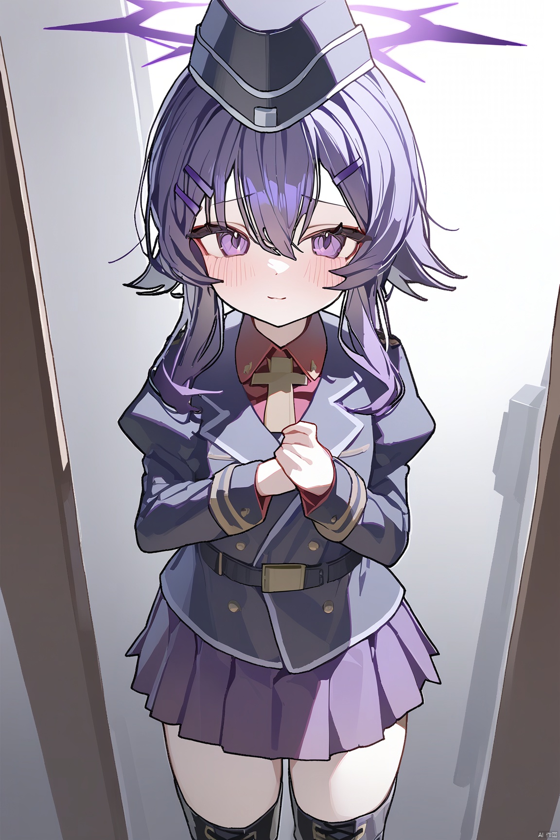 ningen mame,  1girl,solo,(masterpiece:1.3),( beautiful:1.2),(high quality:1.2),(finely detailed:1.2),extremely detailed CG unity 8k wallpaper,best quality,a very delicate and beautiful,perfect fingers,(one cute girl at the center:1.2),loli, standing, cowboy_shot,
bangs, hair ornament, hair between eyes, purple eyes, purple hair, halo,
skirt, shirt, long sleeves, hat, jacket, pleated skirt, boots, hairclip, puffy sleeves, belt, miniskirt, black footwear, uniform, military, military uniform, knee boots, juliet sleeves, cross-laced footwear, garrison cap, collared shirt, miniskirt, black jacket, gun, juliet sleeves, red shirt, purple skirt, purple headwear,
harukaBA,
