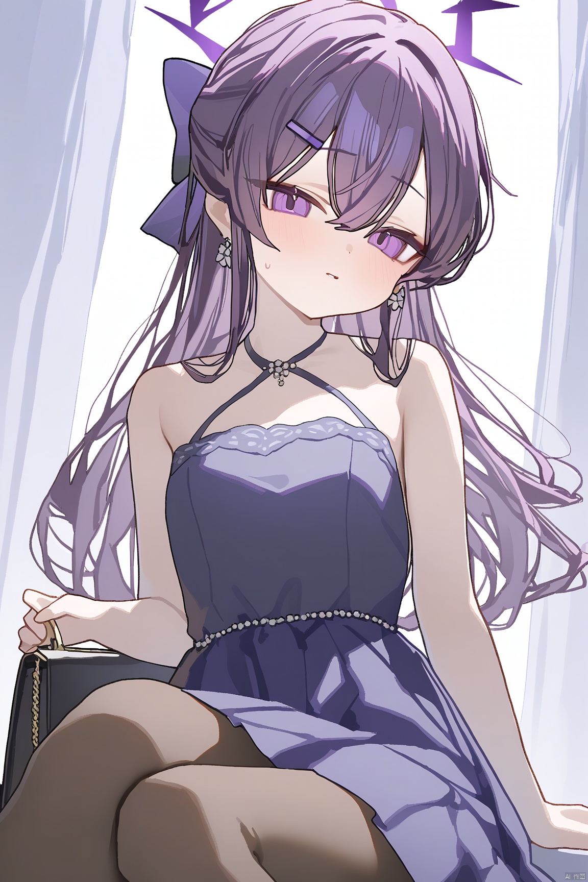 ningen mame,  1girl,solo,(masterpiece:1.3),( beautiful:1.2),(high quality:1.2),(finely detailed:1.2),extremely detailed CG unity 8k wallpaper,best quality,a very delicate and beautiful,perfect fingers,(one cute girl at the center:1.2),loli, sitting,
bangs, hair ornament, hair between eyes, purple eyes, purple hair, halo,
breasts, dress, bow, bare shoulders, jewelry, hair bow, pantyhose, earrings, hairclip, bag, black dress, purple dress, brown pantyhose, handbag, halterneck, harukaDress,
harukaBA,harukaSuit