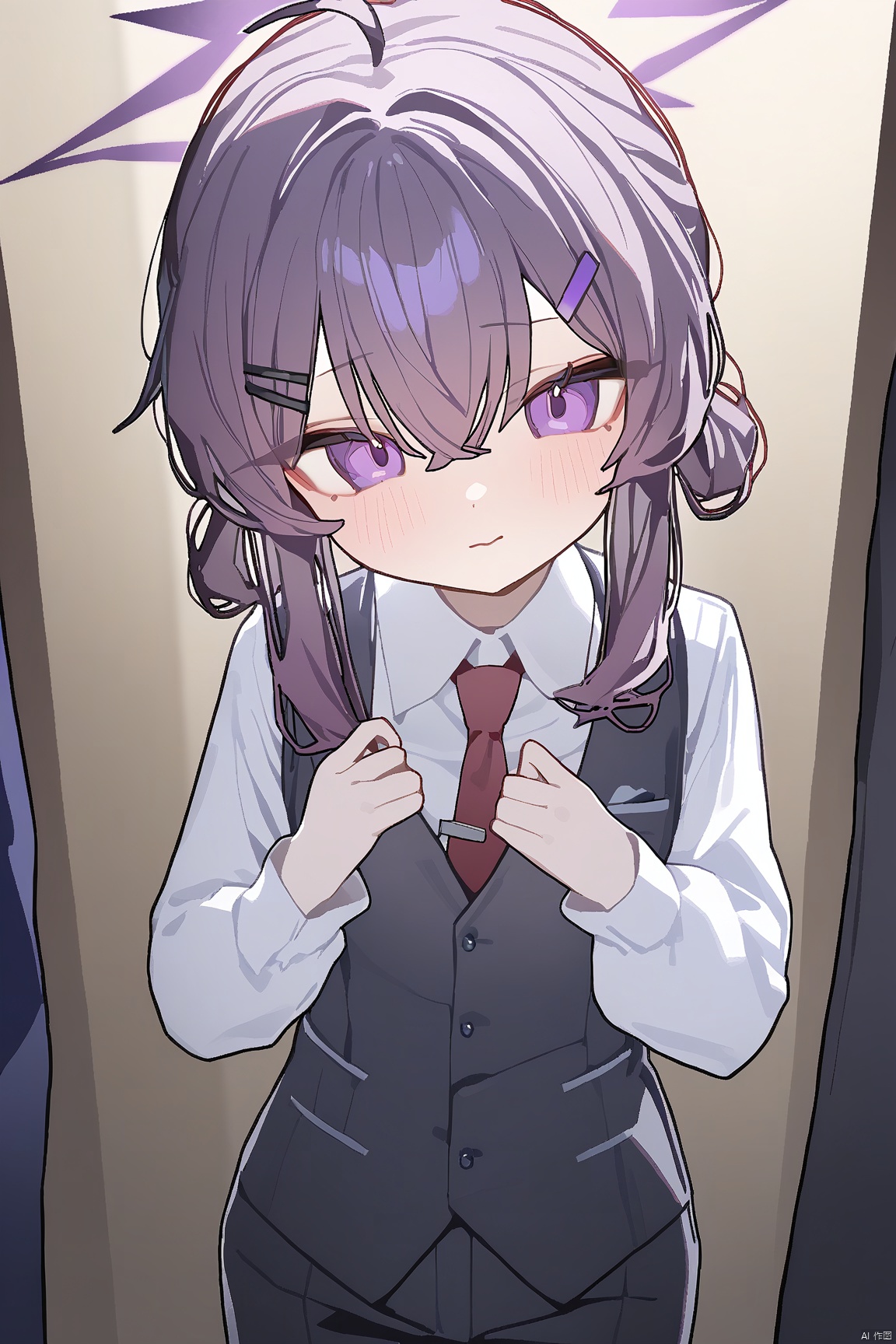 ningen mame,  1girl,solo,(masterpiece:1.3),( beautiful:1.2),(high quality:1.2),(finely detailed:1.2),extremely detailed CG unity 8k wallpaper,best quality,a very delicate and beautiful,perfect fingers,(one cute girl at the center:1.2),loli, standing, cowboy_shot,
bangs, hair ornament, hair between eyes, purple eyes, purple hair, halo,
necktie, hairclip, collared shirt, pants, vest, formal, red necktie, black vest, white shirt, long sleeves, sidelocks, suit, ahoge, harukaSuit,
harukaBA,