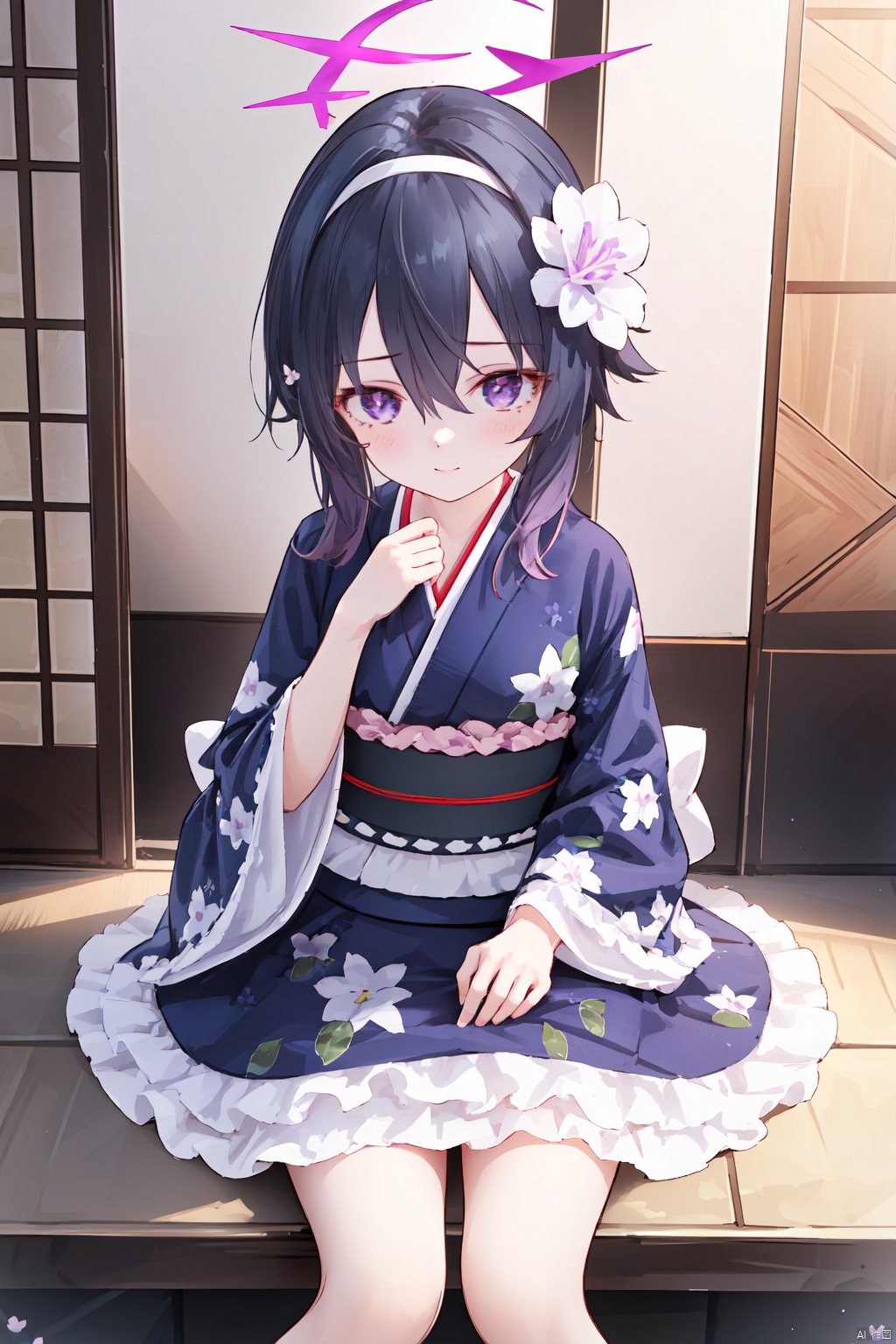 ningen mame,  1girl,solo,(masterpiece:1.3),( beautiful:1.2),(high quality:1.2),(finely detailed:1.2),extremely detailed CG unity 8k wallpaper,best quality,a very delicate and beautiful,perfect fingers,(one cute girl at the center:1.2),loli, sitting,
bangs, hair ornament, hair between eyes, purple eyes, purple hair, halo,
long sleeves, flower, sidelocks, hairband, frills, japanese clothes, hair flower, wide sleeves, kimono, official alternate costume, sash, obi, floral print, print kimono, short kimono, purple kimono, paddle, white frills, frilled kimono, kimono skirt, harukaKimono,
harukaBA,