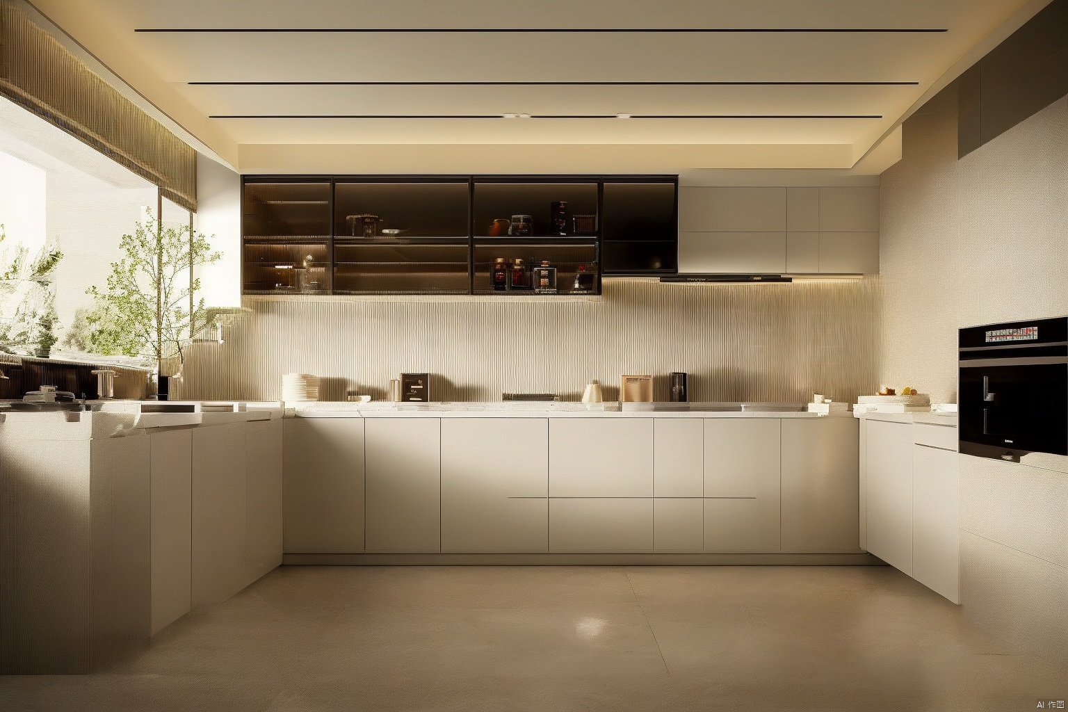 High end kitchen, cabinets, modern, minimalist, bright, natural light, high-definition, kitchenware, windows desktop