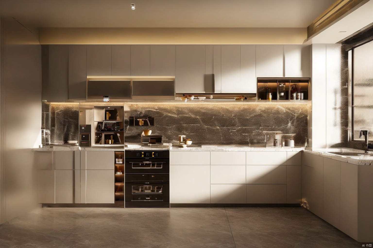 High end kitchen, cabinets, modern, minimalist, bright, natural light, high-definition, kitchenware, windows desktop