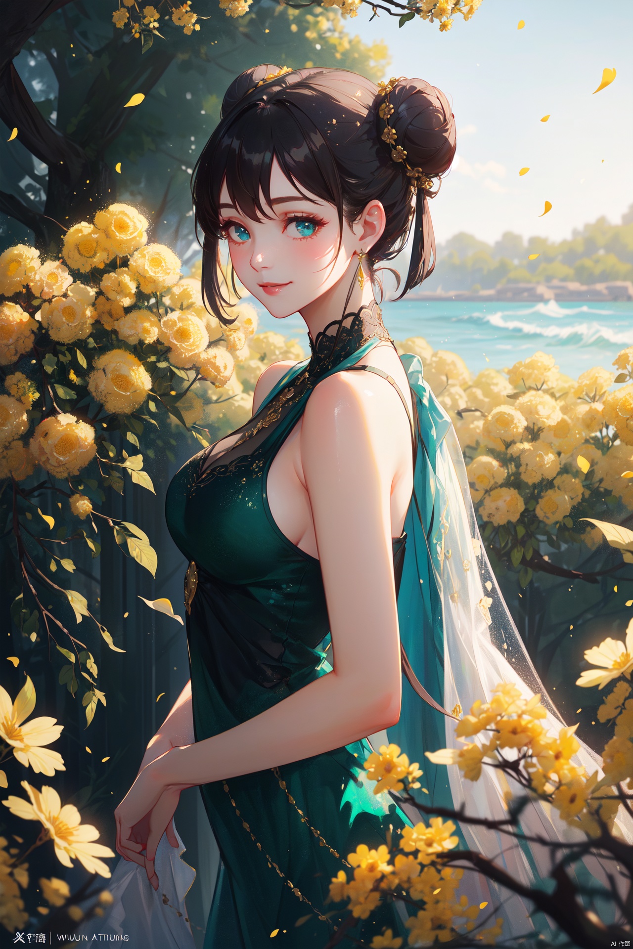 A seductive beauty with a stylish bun stands majestically amidst a vibrant sea of blooming rapeseed flowers in a half-body portrait. Her charming eyes sparkle and sweet smile radiates as she's surrounded by the yellow petals, forming a breathtaking picture. Photorealistic details shine through in 8K resolution, sharp focus, and vivid colors. This stunning piece, reminiscent of Greg Rutkowski, Midjourney, Jeremy Mann, Antonio Moro, Ed Blinkey, and Atey Ghailan, exudes a sense of professionalism and oil painting finesse. The lvshui-green dress accentuates her elegance, while the gentle light masterfully captures her essence.