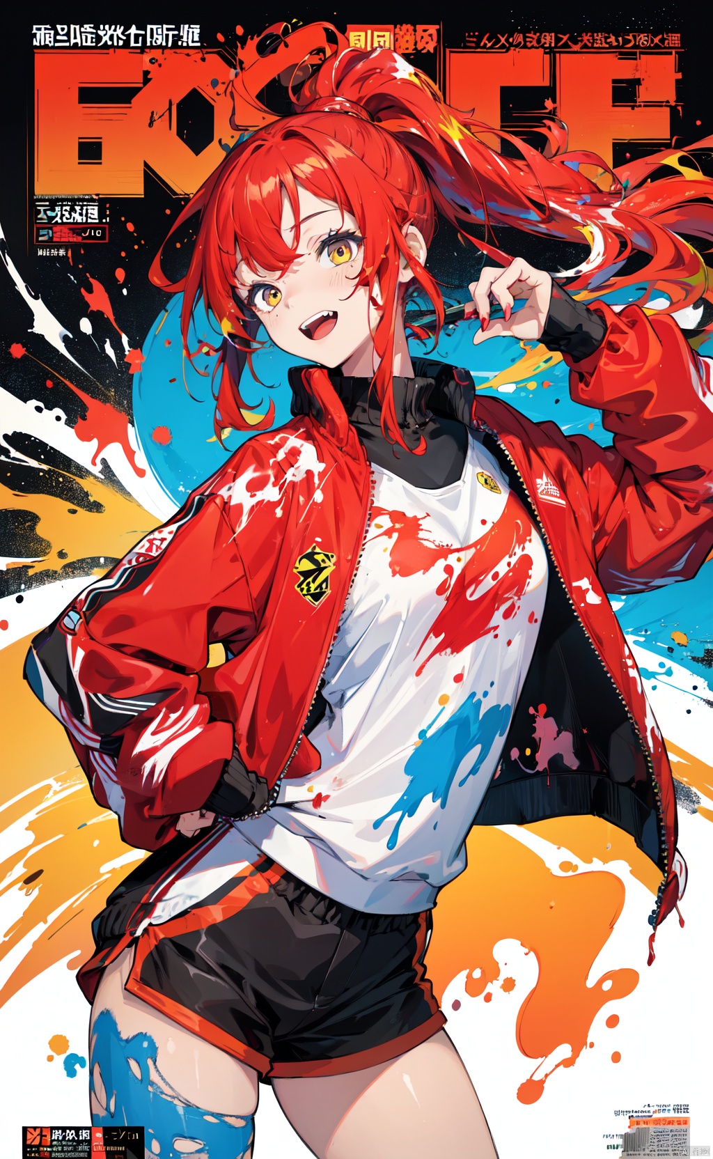 (magazine cover:1.1), masterpiece, best quality, 1girl, red ponytail, long hair, oversized track jacket, shorts, happy, fun, paint splatter, paint, dynamic, colorful, swirl, swirling, abstract, expressive, simple background

