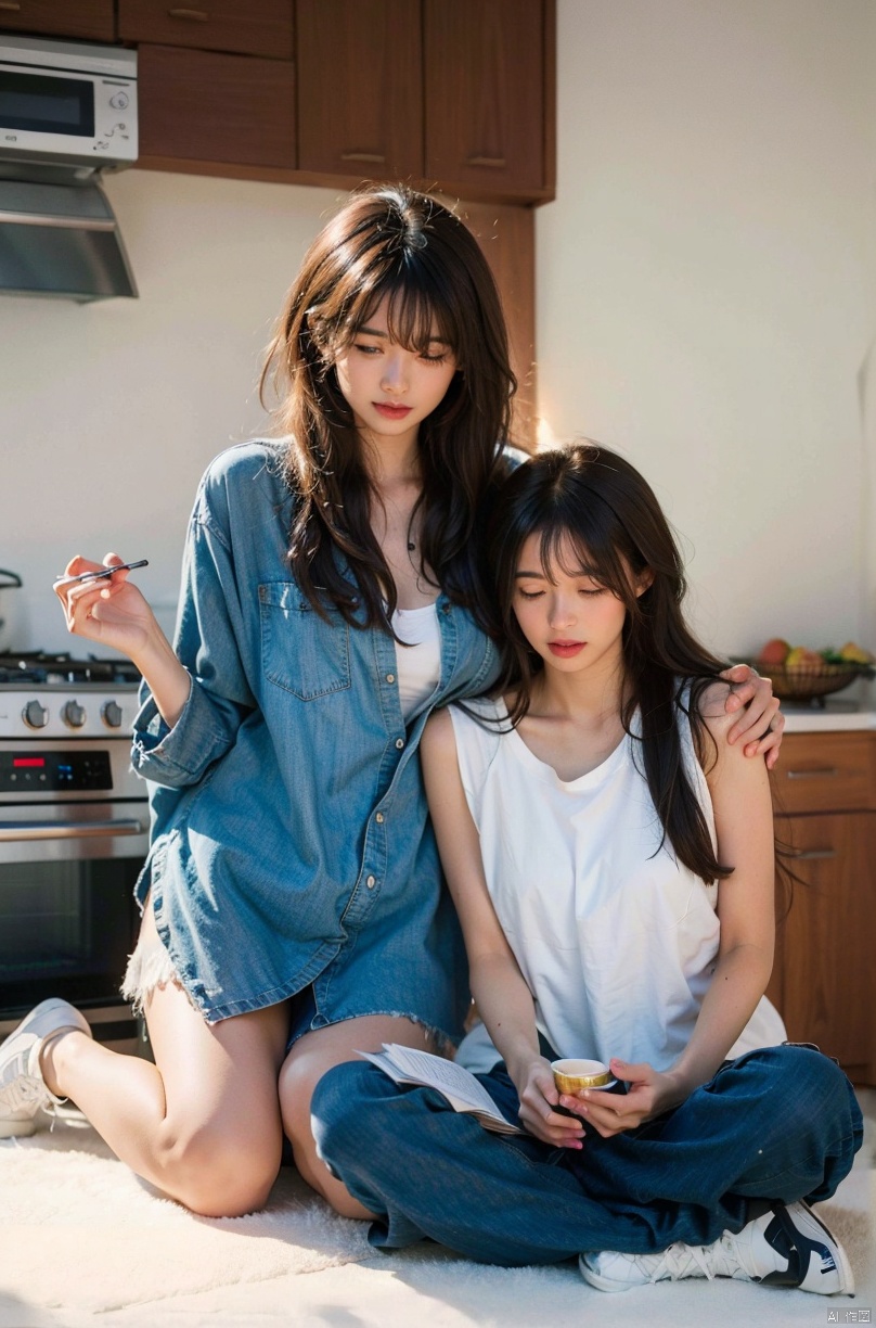  (2_girls:1.7),long hair, black hair, sitting, closed eyes, food, socks, wariza, looking up, realistic, kitchen