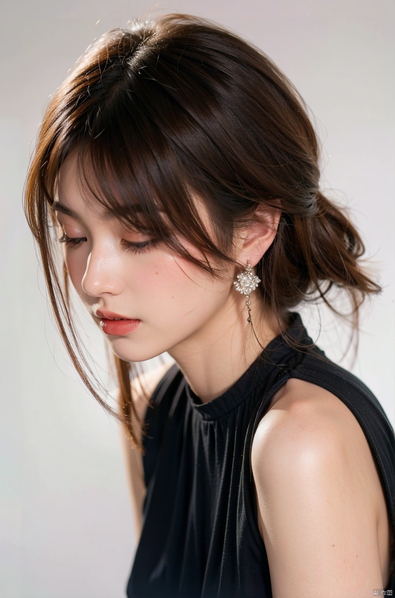 1girl, solo, short hair, simple background, black hair, jewelry, closed eyes, earrings, grey background, hair bun, mole, mole under eye, portrait, brown background, red lips, tan background, High-neck clothes, 