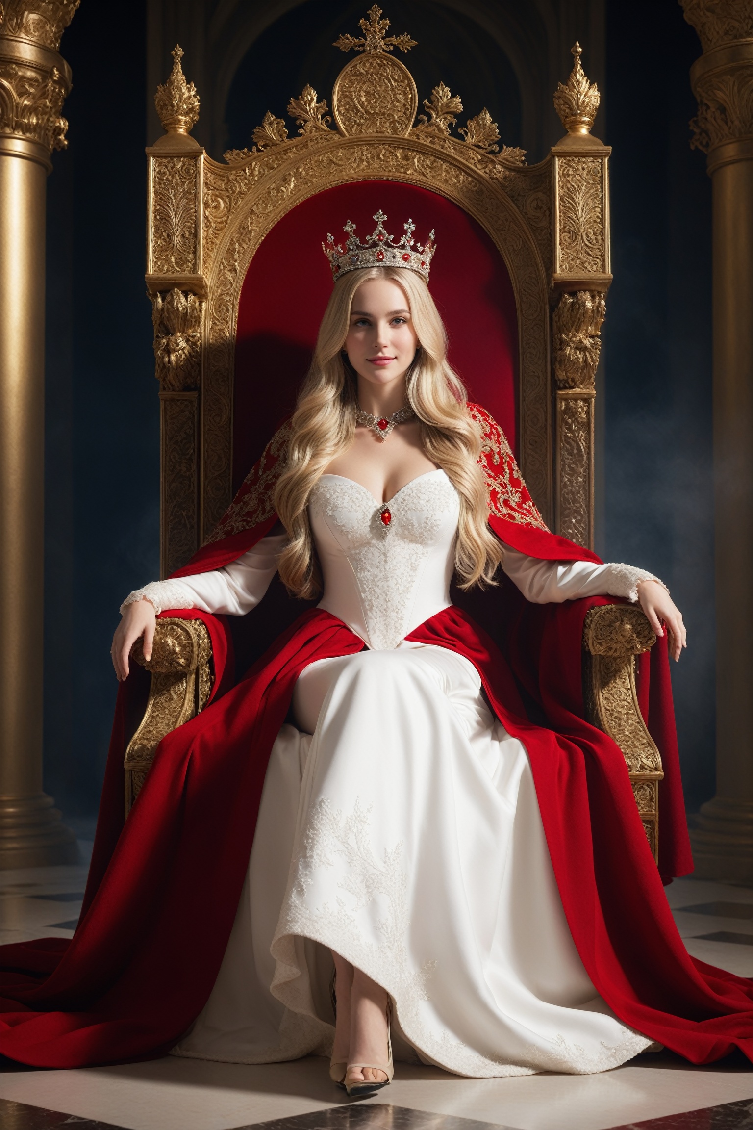 Grateful girl,  blonde long hairs,  with white dress and red cloak on Tensor.Art