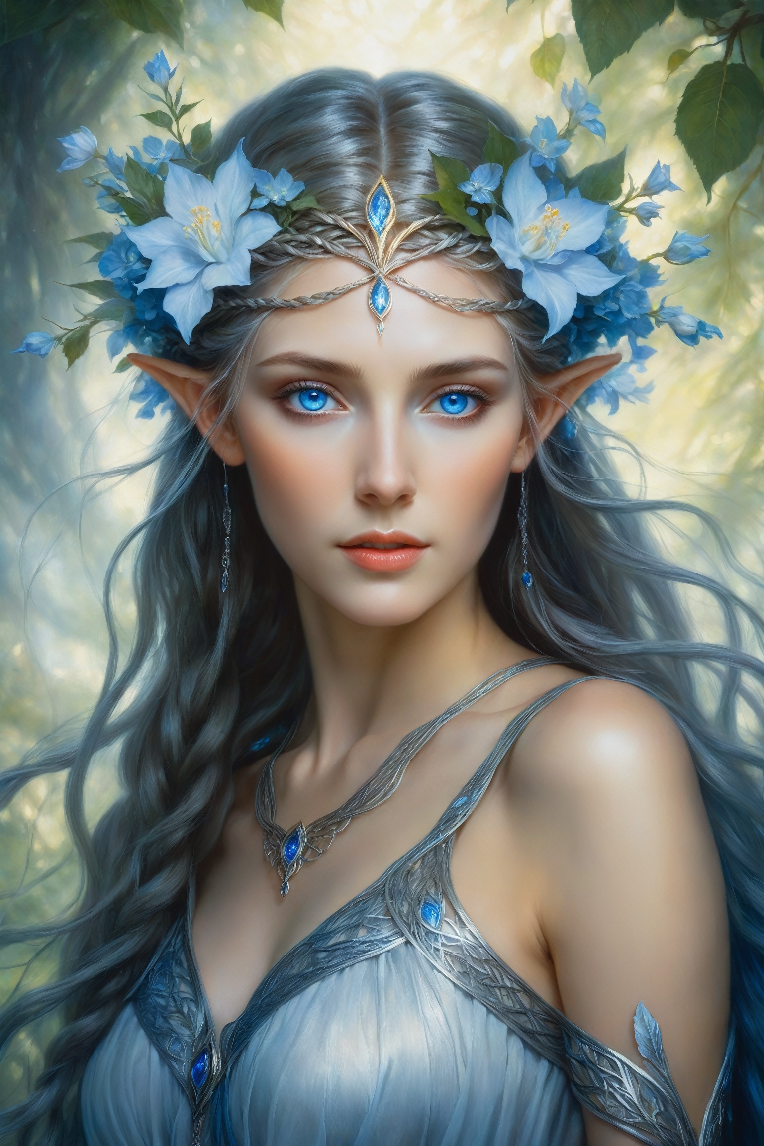 ethereal and mystical elf woman with intricate braided hair,  glowing blue eyes,  wearing a crown of flowers on Tensor.Art