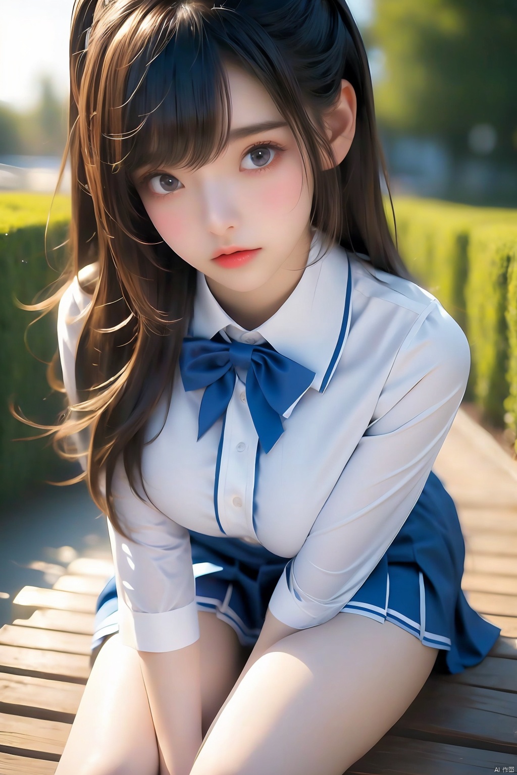 A solo girl in a close-up shot, her legs and pleated blue school uniform skirt sharply focused against a blurry background. The white socks and shirt add a pop of contrast. Her skirt is ruffled and layered, with the folds creating a sense of depth. The camera's shallow depth of field draws attention to her legs, showcasing the intricate details of her uniform.