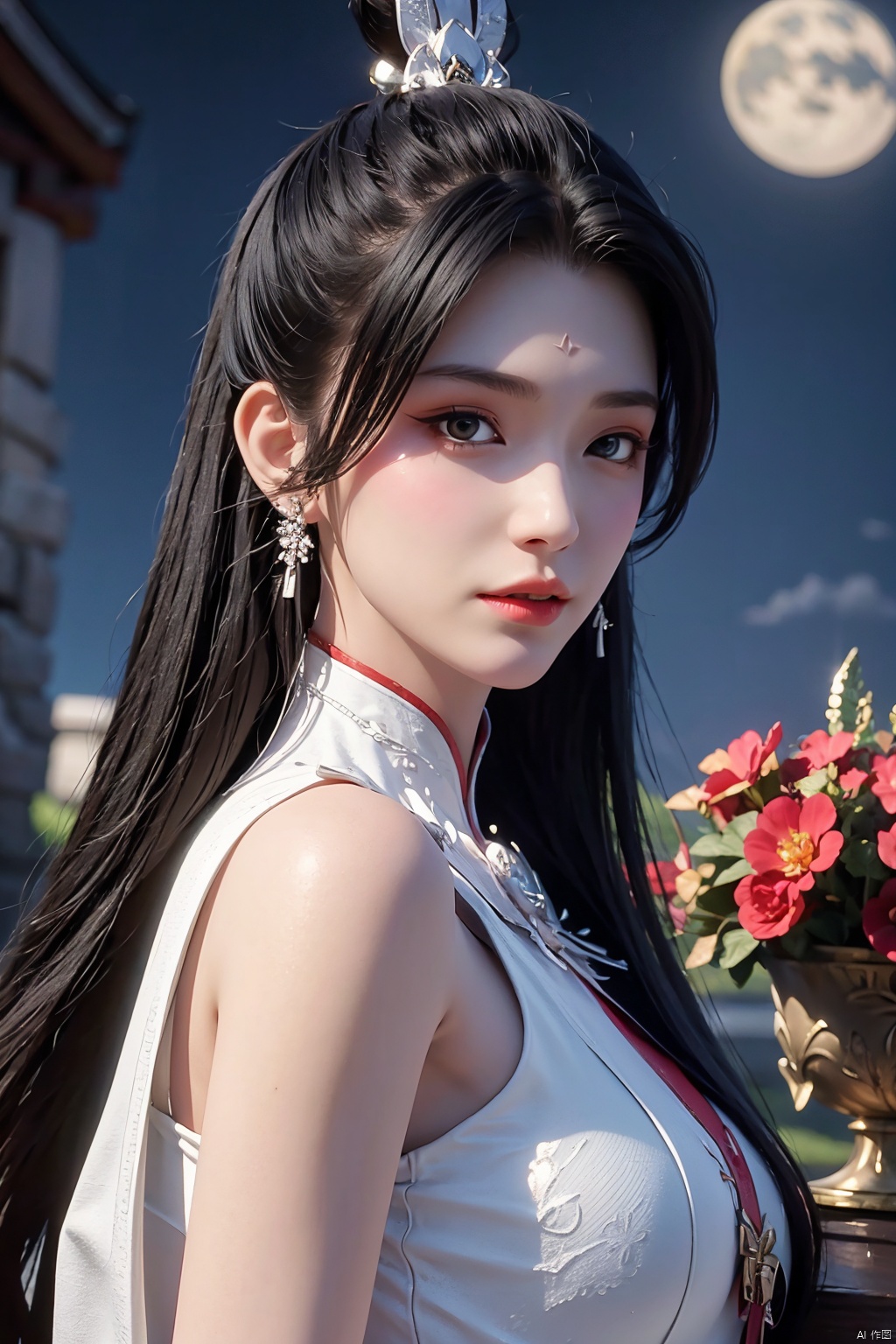 masterpiece,(best quality),official art,1girl,Xbaihehuai,flowers,moon