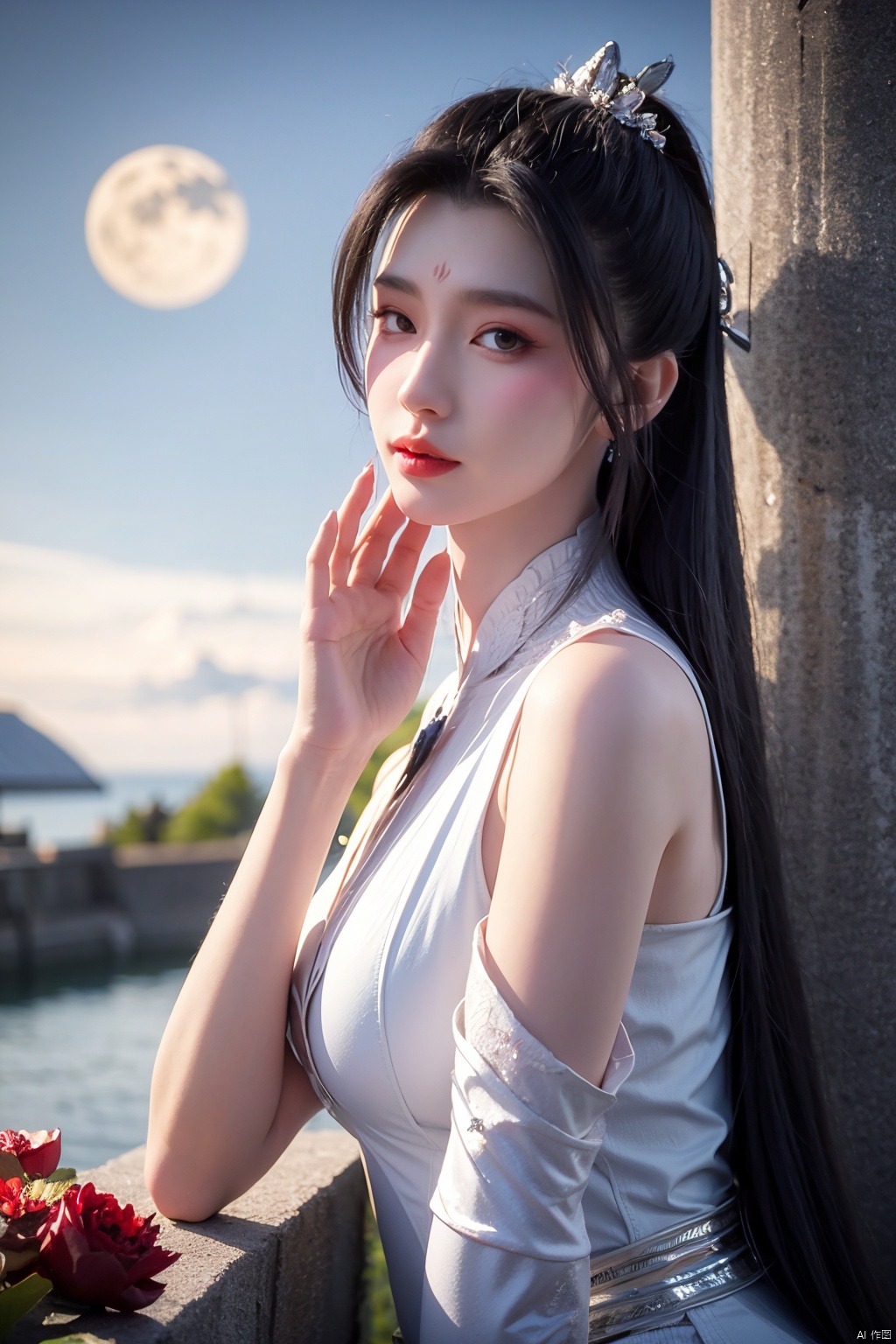 masterpiece,(best quality),official art,1girl,Xbaihehuai,flowers,moon