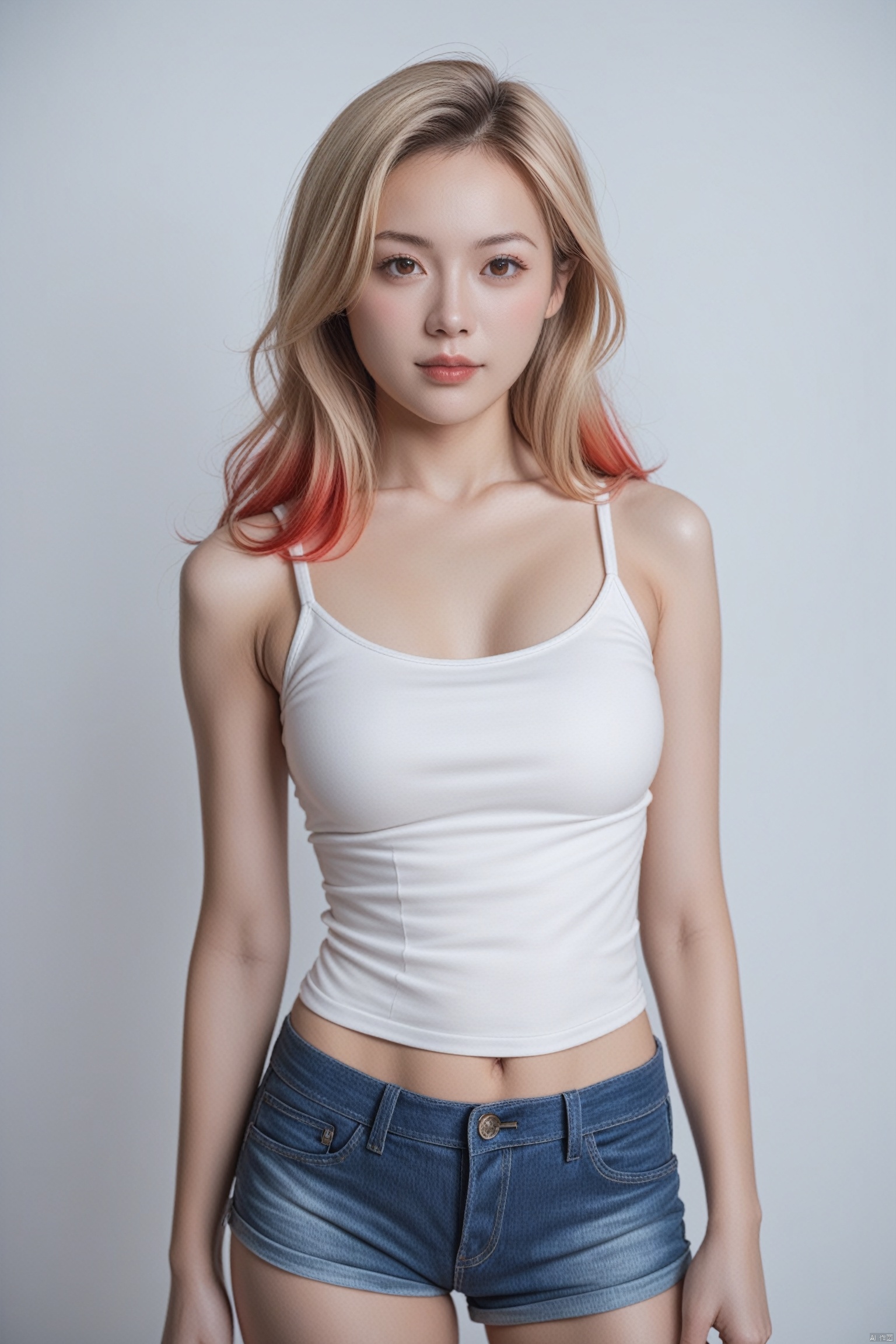 Score_9, Score_8_up, Score_7_up, reality, realistic, photorealistic, 2K, 
1girl,solo, brown eyes, blonde hair, multicolored hair, long hair, medium breasts, white **** top, bare shoulders, collarbone, sleeveless, blue denim shorts, standing,