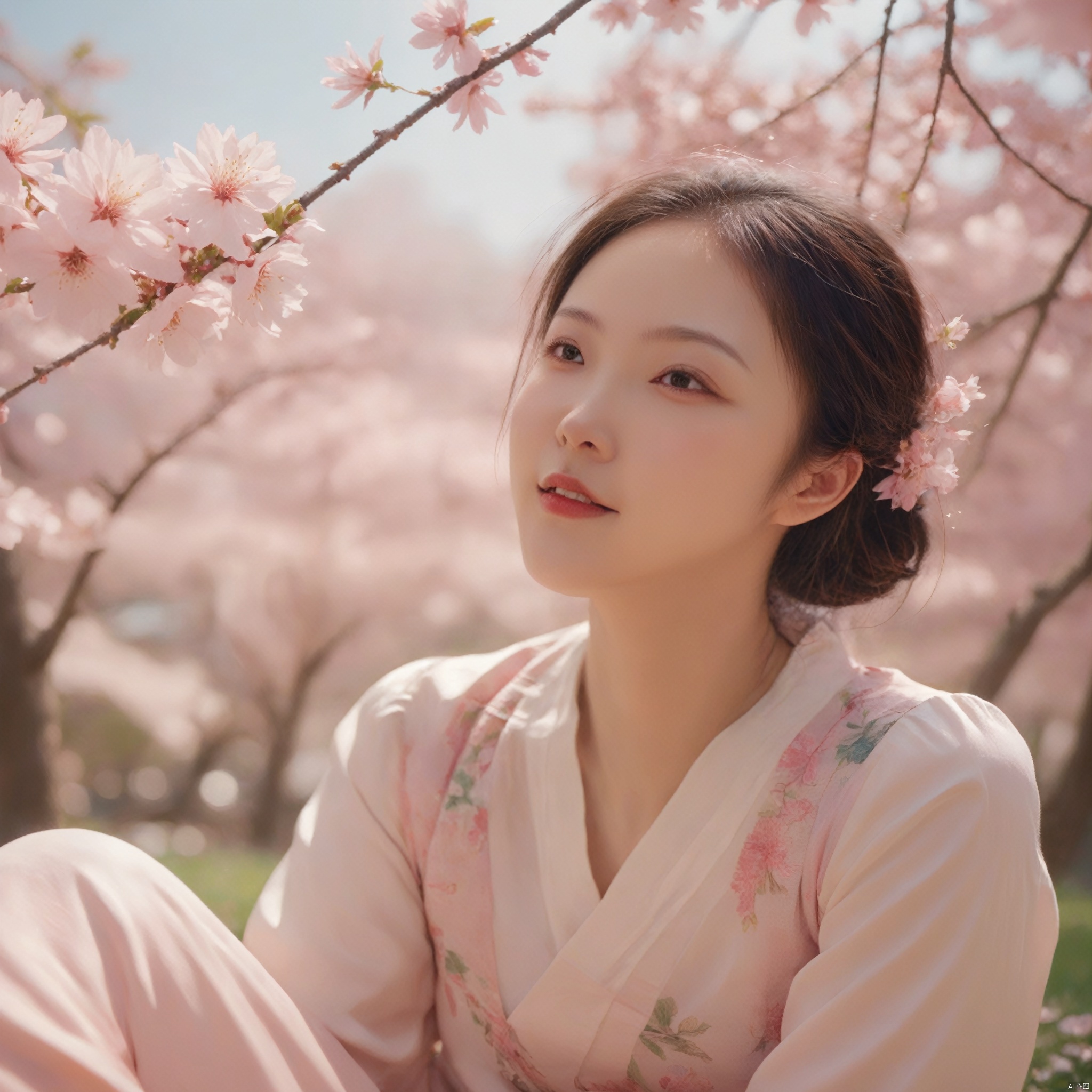 A majestic masterpiece, a stunning solo illustration of a girl sitting under the sakura tree's gentle branches. She gazes up at the viewer with a warm smile, her cheeks flushing with a tender blush. The camera captures her from below, in a wide shot that showcases her knee-up pose amidst the vibrant pink petals and soft Tyndall effect. English text adds a touch of elegance to the scene. In a game-like CG style, the illustration bursts with colorful nuances, set against a rich purple theme reminiscent of watercolor paintings. Mahiro's expertise shines through in this ultra-detailed, HDR-worthy masterpiece.