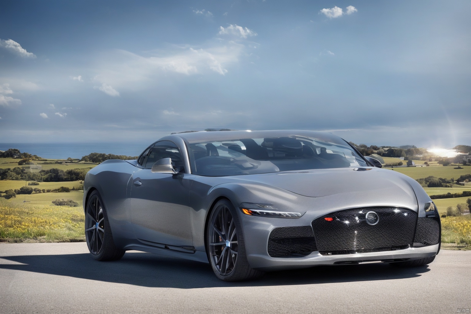A sleek, black sports car with luxurious lines and premium detailing glides effortlessly down a sun-kissed highway on a crystal-clear day. Shot in stunning 4K resolution, the camera captures the vehicle's every curve and contour as it zooms along the open road, framed by a brilliant blue sky and a scattering of wispy clouds.