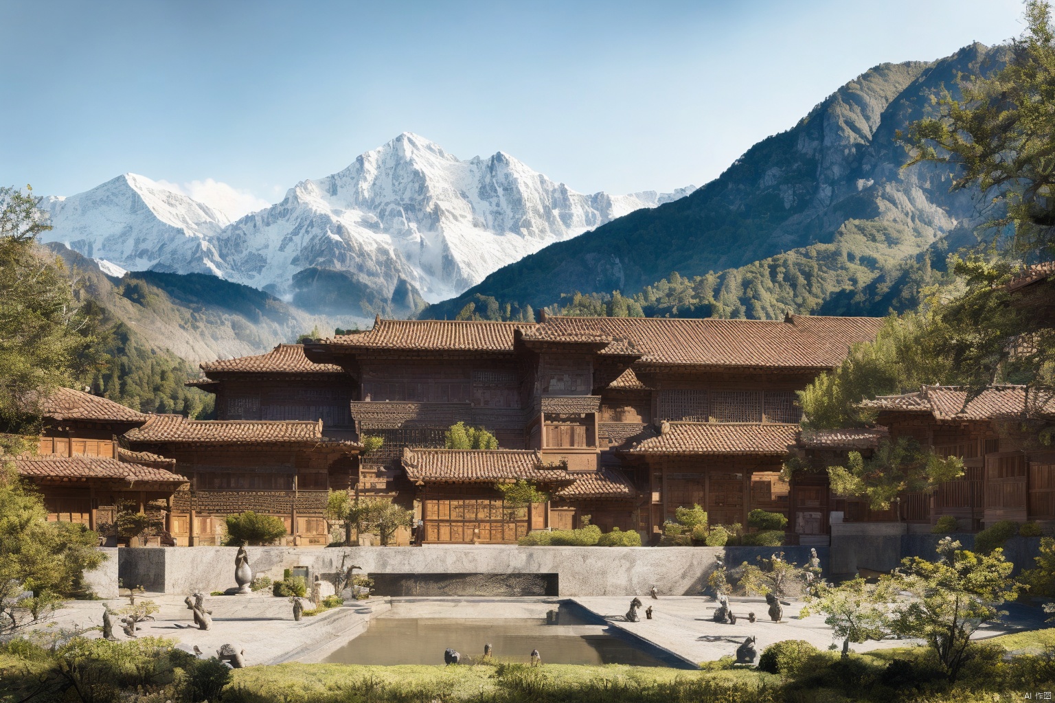 A serene Chinese courtyard unfolds before us, with intricately carved wooden screens and ornate tilework bathing in warm, golden natural light. Lush greenery surrounds the tranquil space, filled with the sweet scent of blooming flowers. In the distance, majestic mountains rise majestically, their peaks shrouded in a wispy veil of mist.HD, 4K,Natural light,