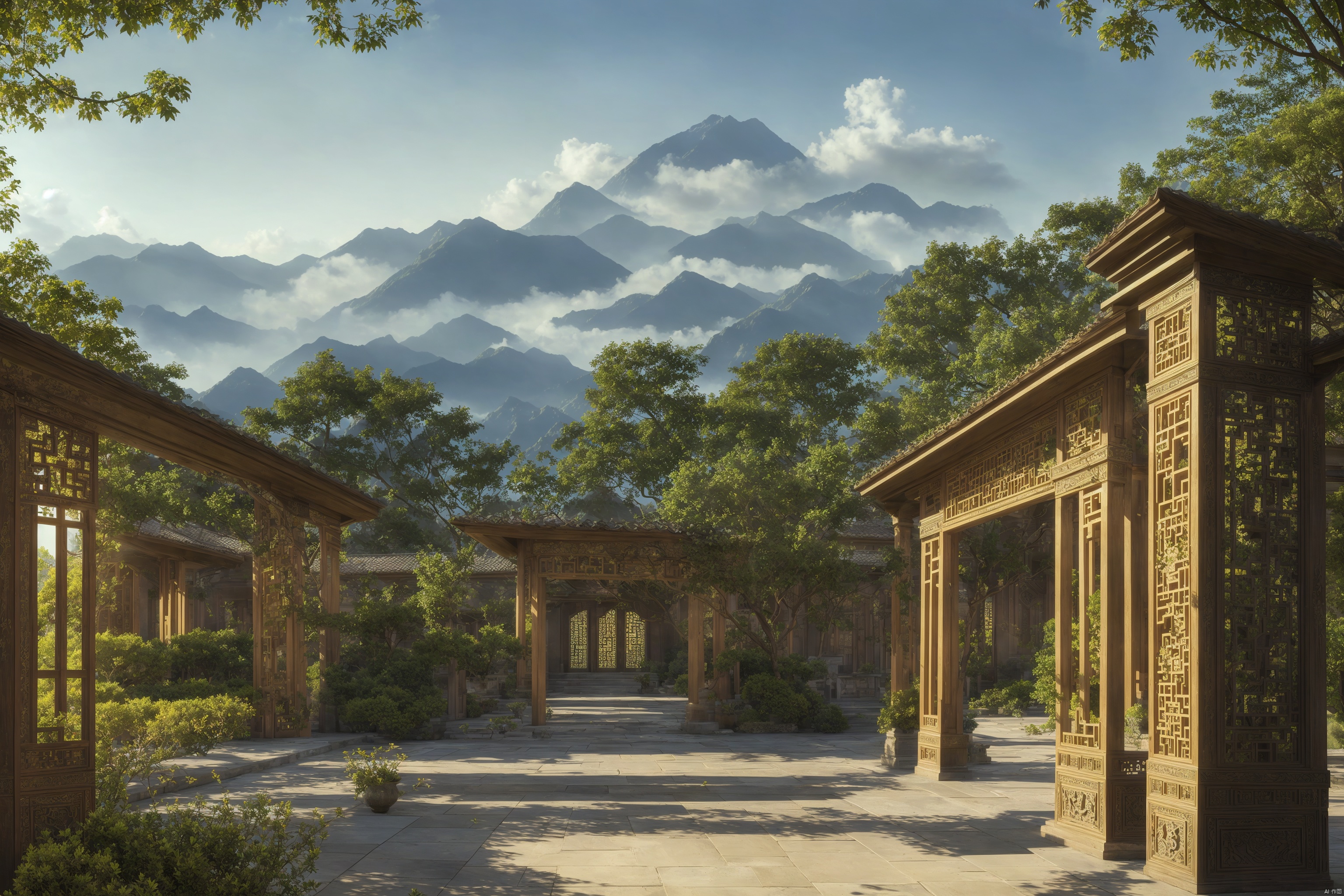 A serene Chinese courtyard unfolds before us, with intricately carved wooden screens and ornate tilework bathing in warm, golden natural light. Lush greenery surrounds the tranquil space, filled with the sweet scent of blooming flowers. In the distance, majestic mountains rise majestically, their peaks shrouded in a wispy veil of mist.