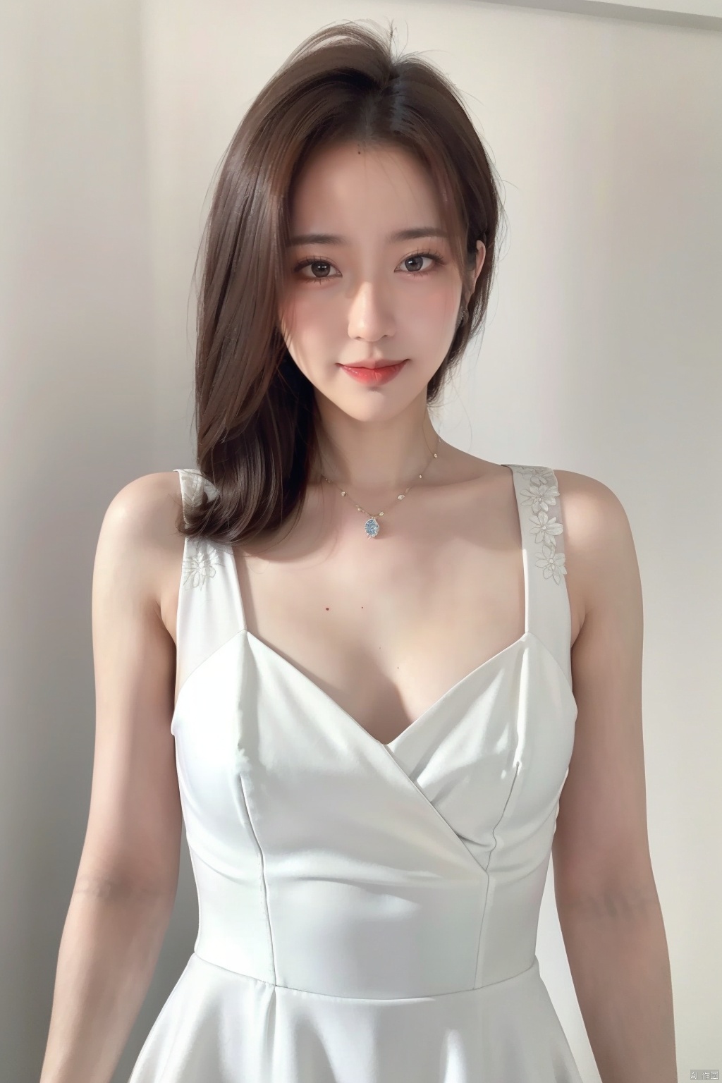 A goddess,dressed in a charming and elegant white Evening dress,fashionable and luxurious,black eyes,standing posture,Complete head and upper body photos,advertising photography,white background,exquisite and realistic,high-definition,8K,perfect facial details,the best quality