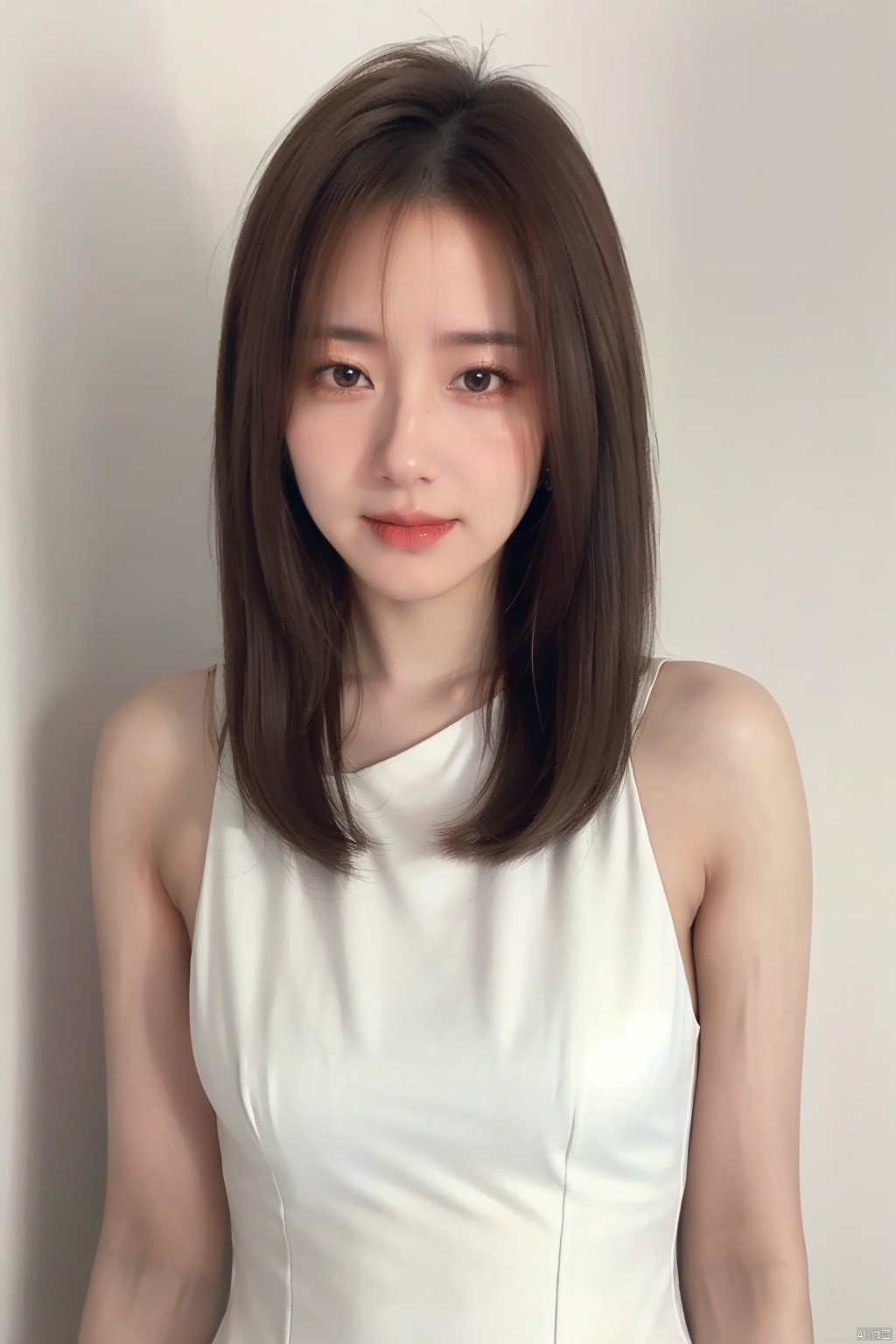 A goddess,dressed in a charming and elegant white Evening dress,fashionable and luxurious,black eyes,standing posture,Complete head and upper body photos,advertising photography,white background,exquisite and realistic,high-definition,8K,perfect facial details,the best quality