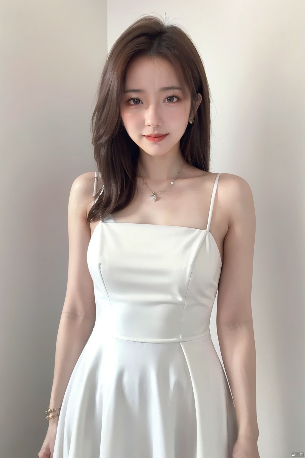 A goddess,dressed in a charming and elegant white Evening dress,fashionable and luxurious,black eyes,standing posture,Complete head and upper body photos,advertising photography,white background,exquisite and realistic,high-definition,8K,perfect facial details,the best quality
