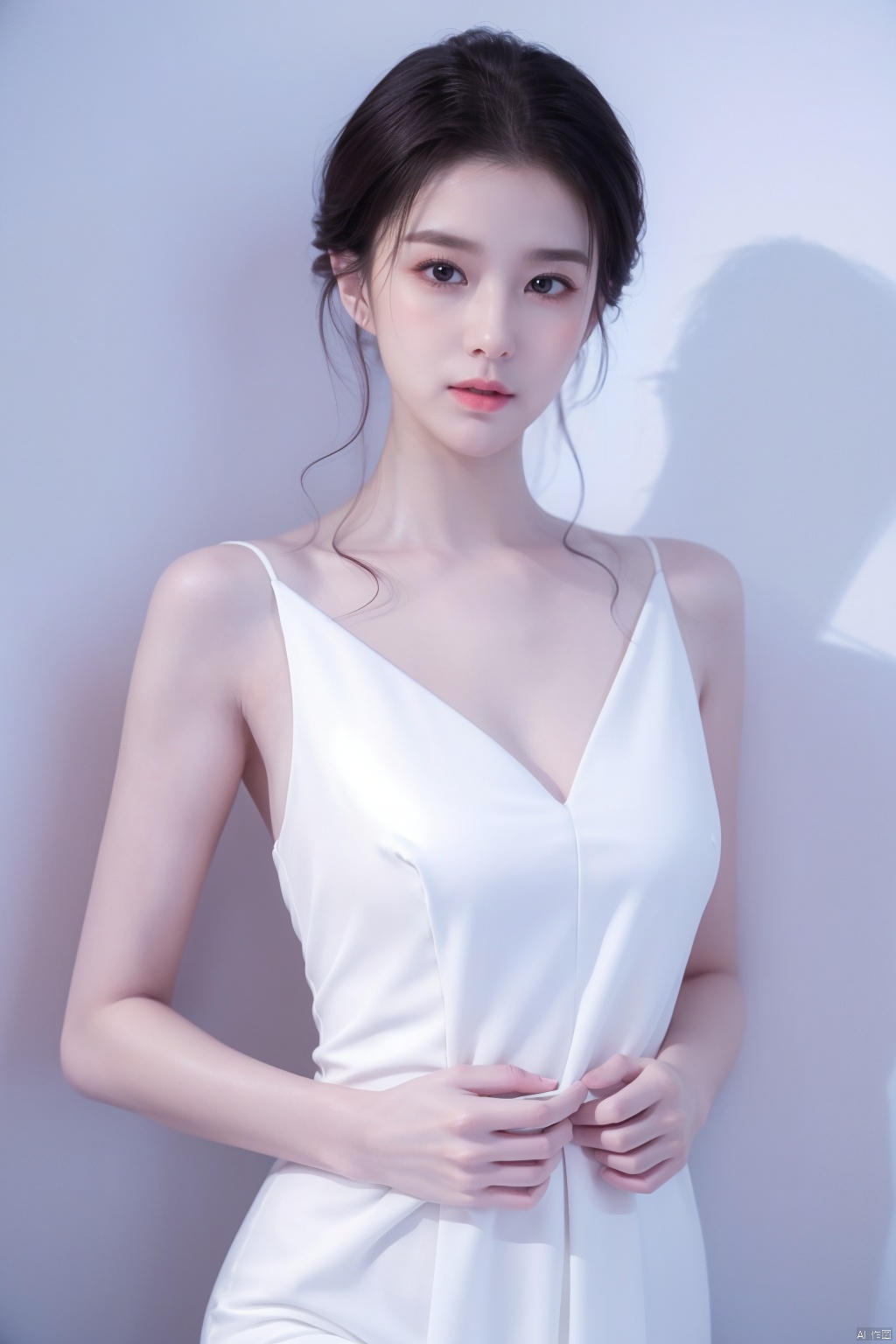 A goddess,dressed in a charming and elegant white Evening dress,fashionable and luxurious,black eyes,standing posture,Complete head and upper body photos,advertising photography,white background,exquisite and realistic,high-definition,8K,perfect facial details,the best quality