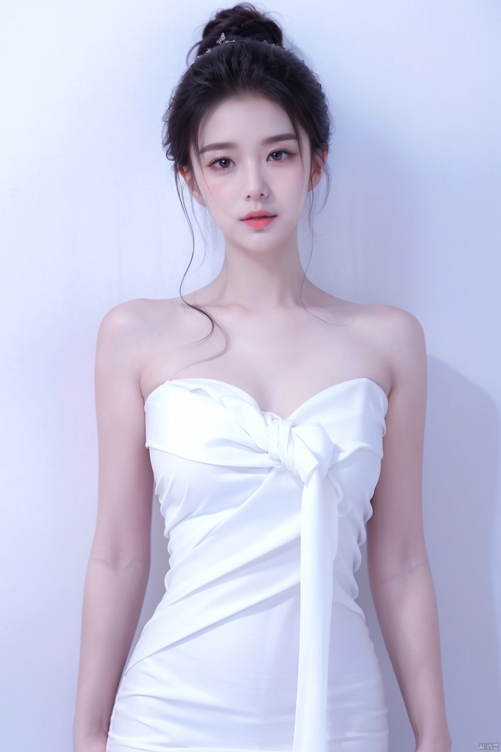 A goddess,dressed in a charming and elegant white Evening dress,fashionable and luxurious,black eyes,standing posture,Complete head and upper body photos,advertising photography,white background,exquisite and realistic,high-definition,8K,perfect facial details,the best quality