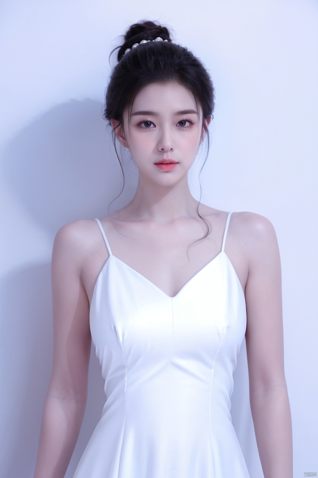 A goddess,dressed in a charming and elegant white Evening dress,fashionable and luxurious,black eyes,standing posture,Complete head and upper body photos,advertising photography,white background,exquisite and realistic,high-definition,8K,perfect facial details,the best quality