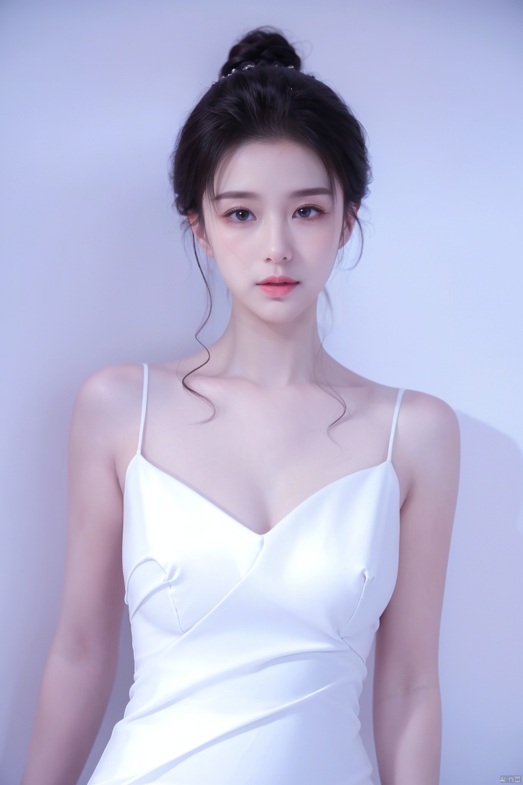 A goddess,dressed in a charming and elegant white Evening dress,fashionable and luxurious,black eyes,standing posture,Complete head and upper body photos,advertising photography,white background,exquisite and realistic,high-definition,8K,perfect facial details,the best quality