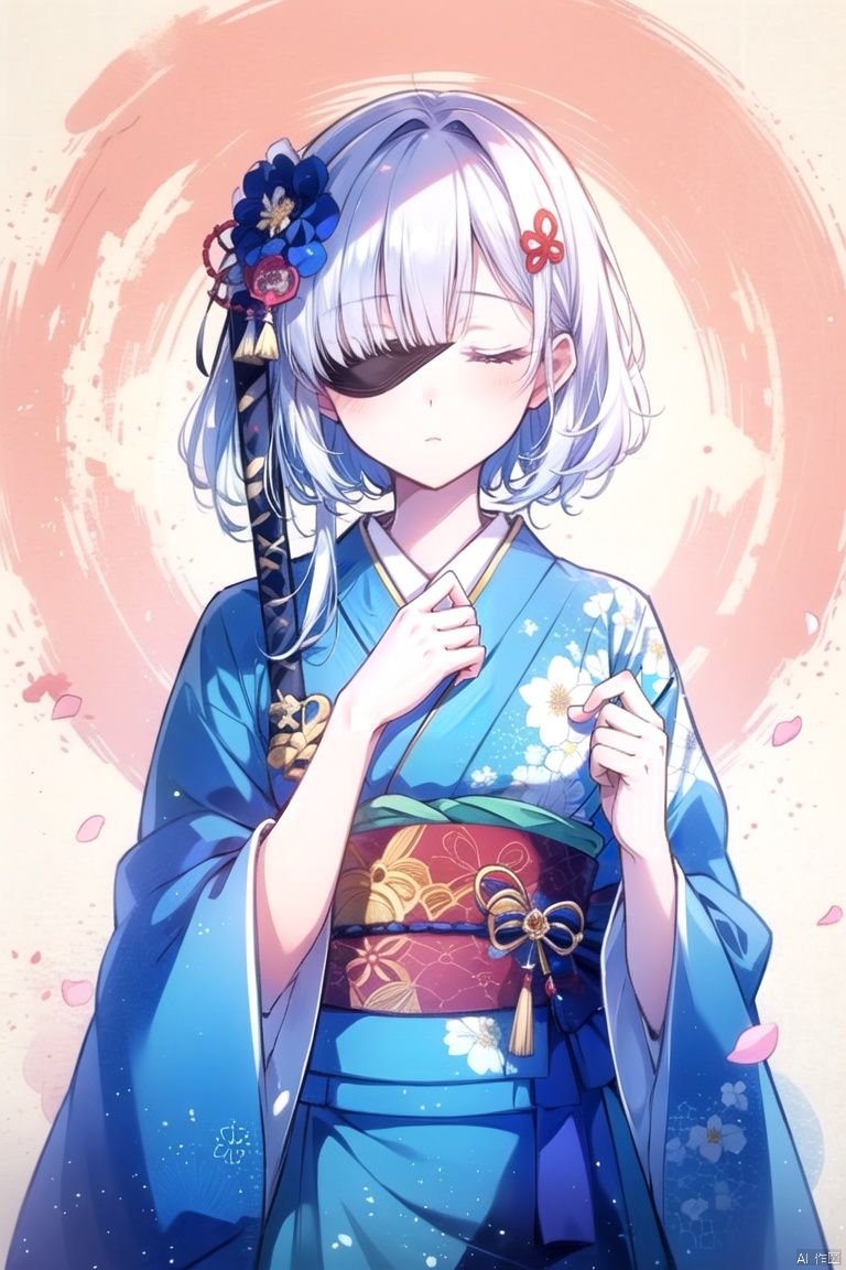 1girl, solo, long hair, white hair, hair ornament, ribbon, closed eyes, hair ribbon, flower, japanese clothes, petals,fdjz, katana, blindfold,1girl