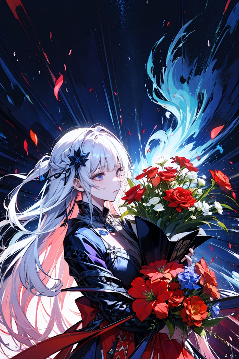 1girl, long hair, flower, Lisianthus, in the style of red and light azure, dreamy and romantic compositions, red, ethereal foliage, playful arrangements, fantasy, high contrast, ink strokes, explosions, over exposure, purple and red tone impression, abstract, whole body capture, , , 1girl, liuying, jingliu (honkai: star rail), magazine covers, official, robinSR,solo,1girl