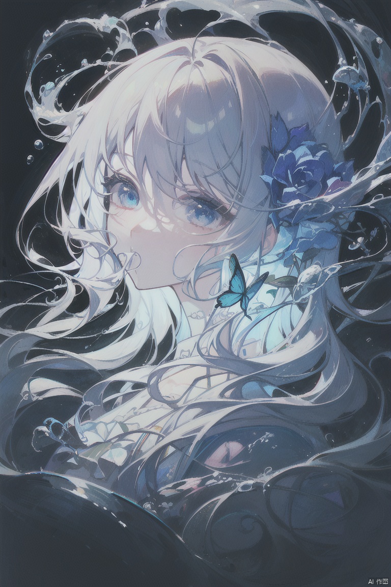(masterpiece), (best quality), illustration, ultra detailed, hdr, Depth of field, (colorful),This is a masterpiece that exudes exceptional quality. The illustration is ultra-detailed, utilizing HDR technology to create a sense of depth. The subject matter is an original, delicate, and beautiful artwork, vibrant with color and filled with fantastical elements. The girl is sitting by a deep sea, surrounded by flowing water, with a dull blue World Tree in the background, situated in a cemetery. The serene and dreamy atmosphere gives the entire scene a soulful and enchanting quality. Her pale complexion, azure blue eyes that glow, and silver hair adorned with flowers create a captivating portrait. She wears a Lolita-inspired fashion, expressionless with her mouth closed. The backgrounds range from white, transparent, circular options, and there are also flying translucent blue butterflies that add a sense of liveliness to the piece..,1girl