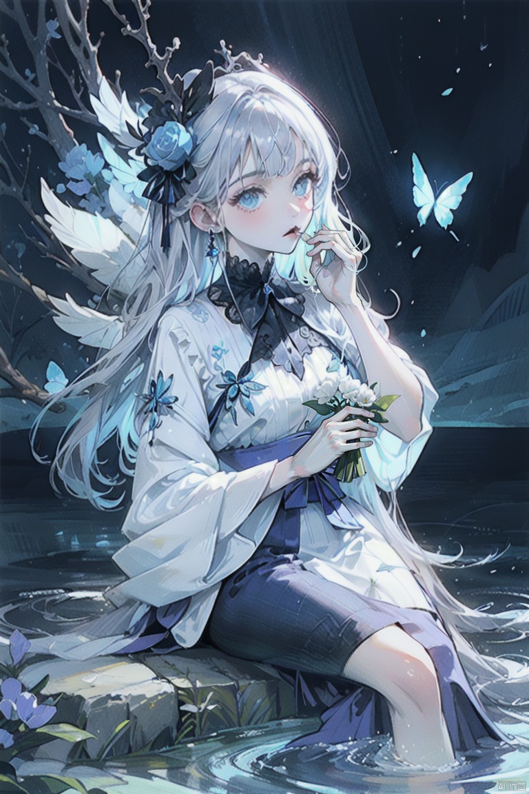 (masterpiece), (best quality), illustration, ultra detailed, hdr, Depth of field, (colorful),This is a masterpiece that exudes exceptional quality. The illustration is ultra-detailed, utilizing HDR technology to create a sense of depth. The subject matter is an original, delicate, and beautiful artwork, vibrant with color and filled with fantastical elements. The girl is sitting by a deep sea, surrounded by flowing water, with a dull blue World Tree in the background, situated in a cemetery. The serene and dreamy atmosphere gives the entire scene a soulful and enchanting quality. Her pale complexion, azure blue eyes that glow, and silver hair adorned with flowers create a captivating portrait. She wears a Lolita-inspired fashion, expressionless with her mouth closed. The backgrounds range from white, transparent, circular options, and there are also flying translucent blue butterflies that add a sense of liveliness to the piece..,1girl