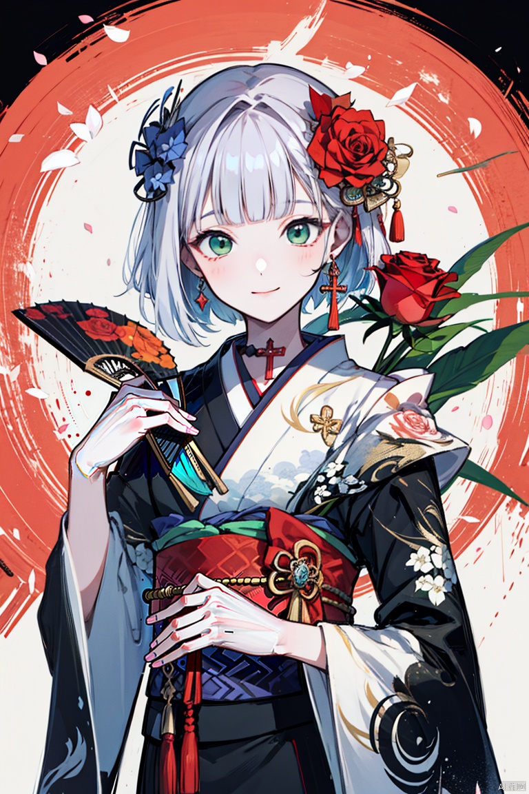 1girl, solo, noelle \(genshin impact\), hair ornament, flower, green eyes, braid, hair flower, looking at viewer, red flower, smile, hand fan, kimono, japanese clothes, jewelry, earrings, short hair, rose, holding, bangs, cross, closed mouth, upper body, white hair, long sleeves, red rose, braided bangs, holding fan, wide sleeves, cross earrings, petals, black dress, red background.,1girl