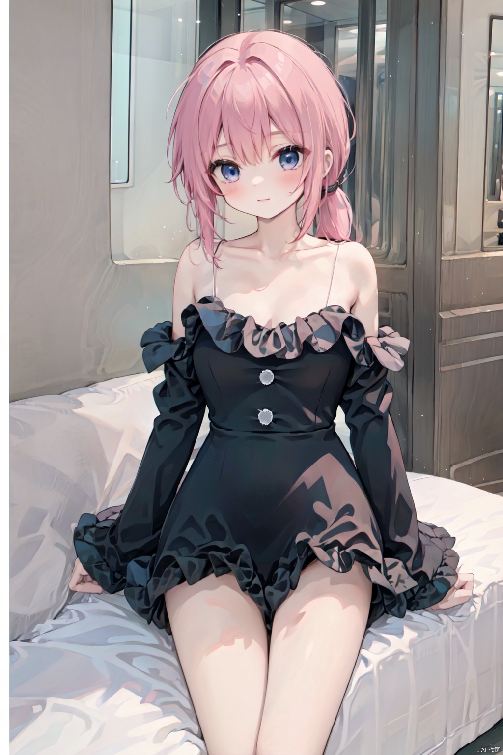 (low ponytail),1girl,solo,skirt,pink hair,shirt,short sleeves, bare shoulders,blue eyes,medium breasts,collarbone,off shoulder,skirt,blouse,off-shoulder blouse,loil