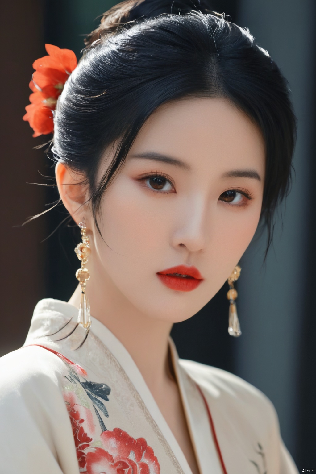 1girl, solo, looking at viewer, black hair, hair ornament, long sleeves, brown eyes, jewelry, upper body, flower, earrings, hair flower, wide sleeves, lips, chinese clothes, realistic, red lips, hanfu,Cyberpunk